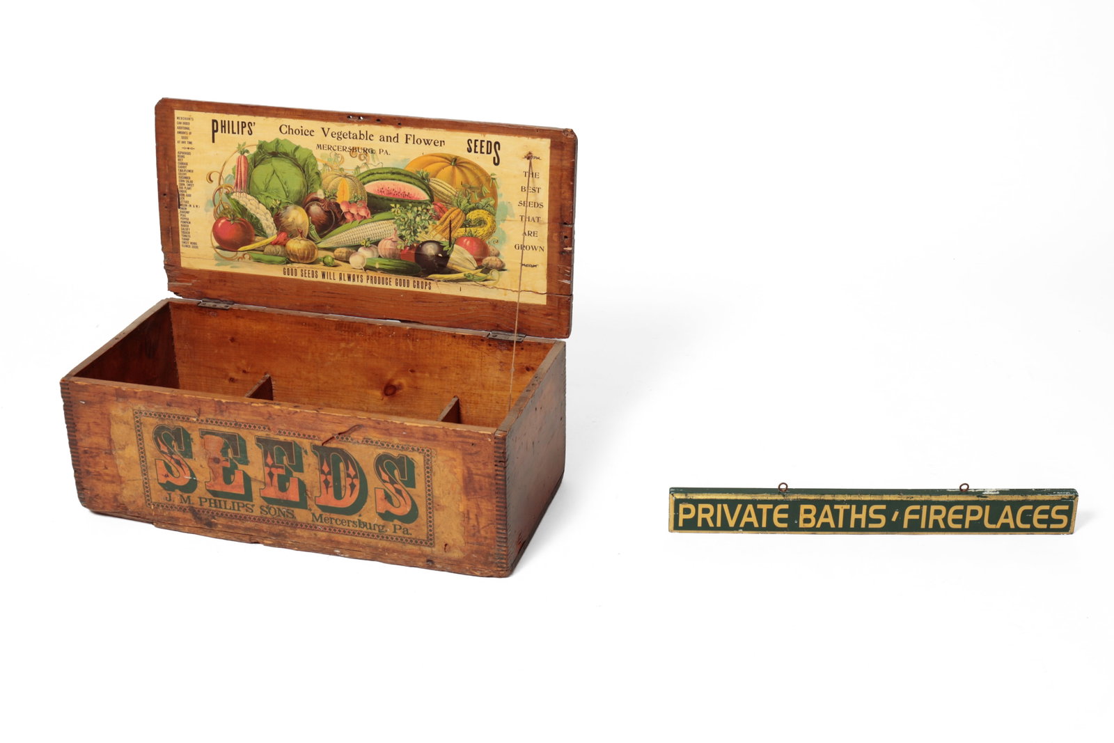 HOTEL SIGN AND ADVERTISING SEED BOX.: HOTEL SIGN AND ADVERTISING SEED BOX. American, 20th Century. Sign with green paint, gold trim, and tan letters: "PRIVATE BATHS -FIREPLACES", 3.25"h. 27"w., and a pine "PHILIP'S SEEDS" box, hinged