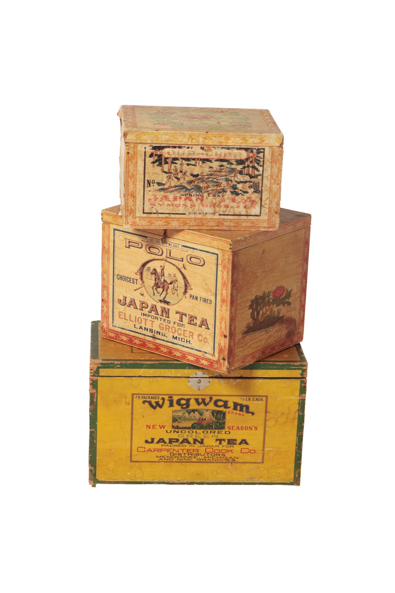 THREE COUNTRY STORE TIN-LINED WOOD STORAGE BOXES. (1 of 9)