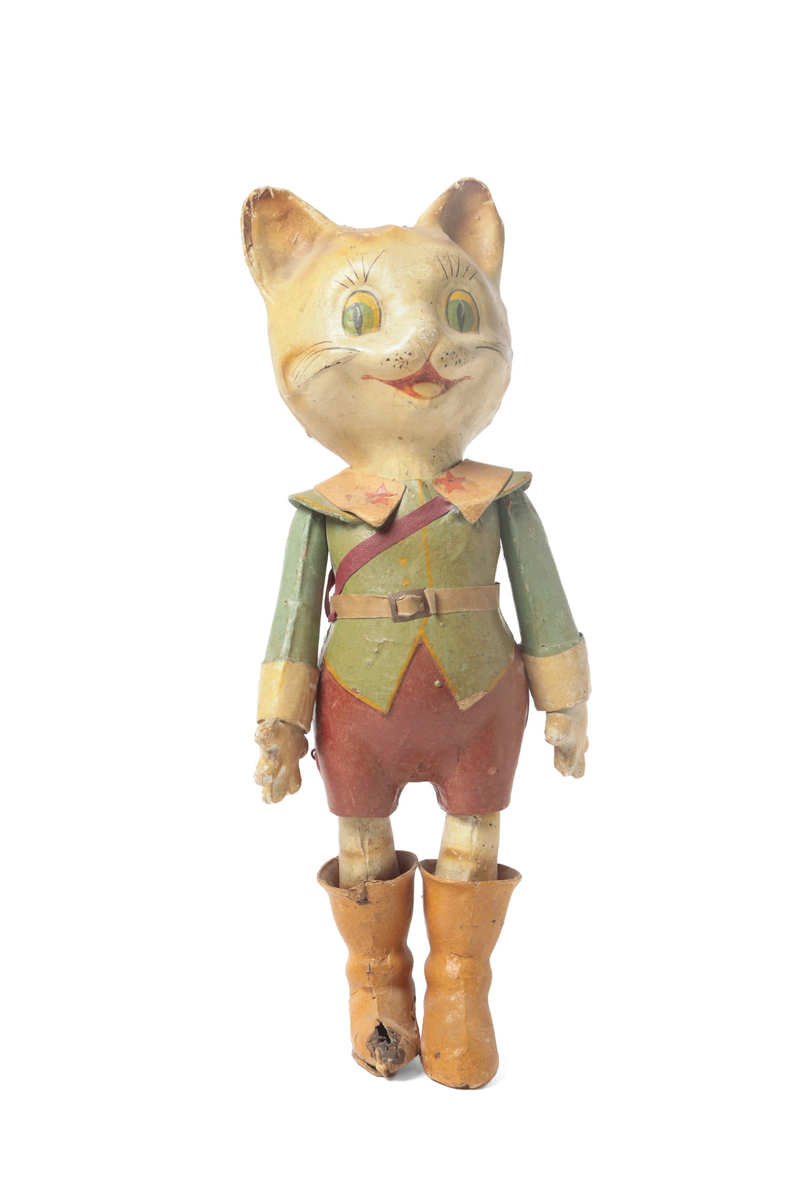 PAPIER-MACHE PUSS IN BOOTS FIGURE.: PAPIER-MACHE PUSS IN BOOTS FIGURE. French, 20th Century. Likely by César Toys. Articulated, painted cat figure with nodding head, swinging arms and legs, wearing a green shirt, red shorts, yellow