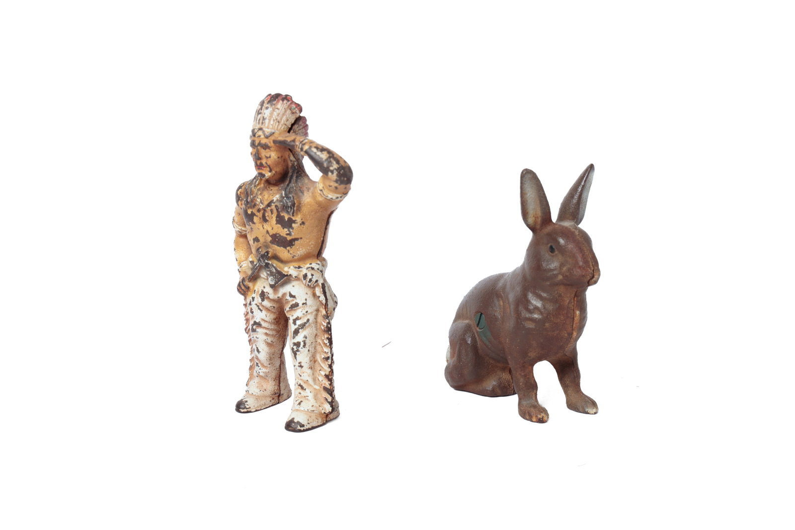 HUBLEY NATIVE AMERICAN WITH A TOMAHAWK AND RABBIT CAST IRON BANKS. (1 of 20)