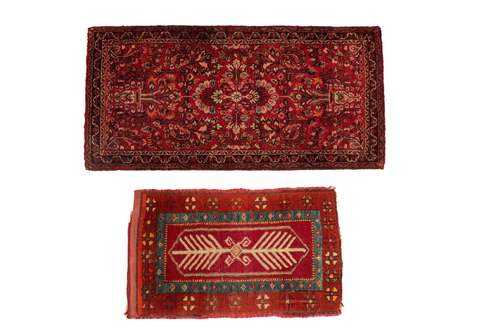 TWO ORIENTAL SCATTER RUGS.: TWO ORIENTAL SCATTER RUGS. Persian, 20th Century. Wool. A tribal Caucasian rug, tree of life on red medallion at the center, blue, rust, and red border with multi-colored stylized floral border, 19.75