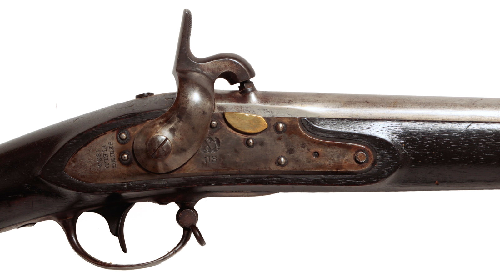SPRINGFIELD 1833 CONVERSION PERCUSSION MUSKET.: SPRINGFIELD 1833 CONVERSION PERCUSSION MUSKET. American, second quarter 19th Century. Conversion from flint look to percussion, smooth bore, action is tight, some wear and scratches. 58”l.