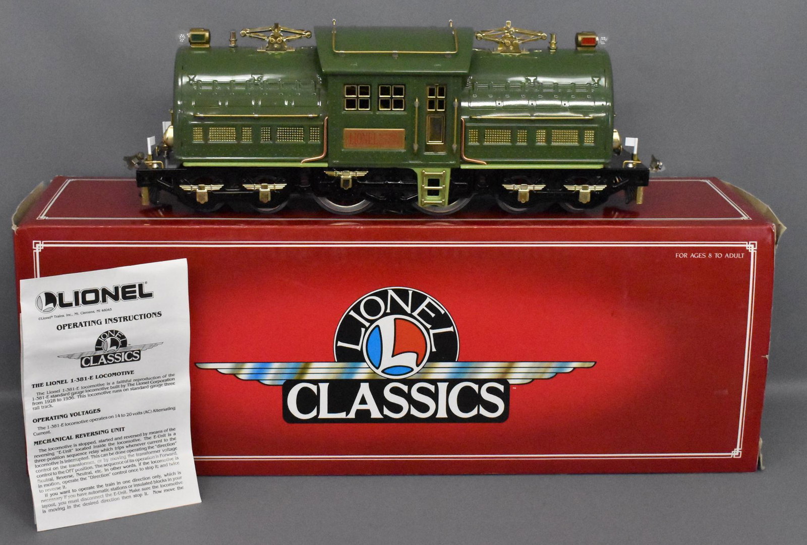 Lionel Classics tinplate standard gauge 381E electric: Locomotive is unrun but was displayed and may have trace amounts of dust and other evidence of handling, C8 with a very good original box and original paperwork.