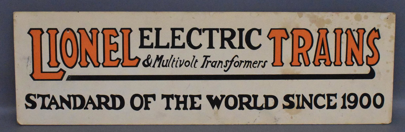 Unusual Lionel Prewar Dealer Service Store Sign: Neat old sign made of thin but resilient card stock, unknown date but appears to be from the late 1920's. It measures 20" long x 6" tall and does have some staining and six small holes where it had be
