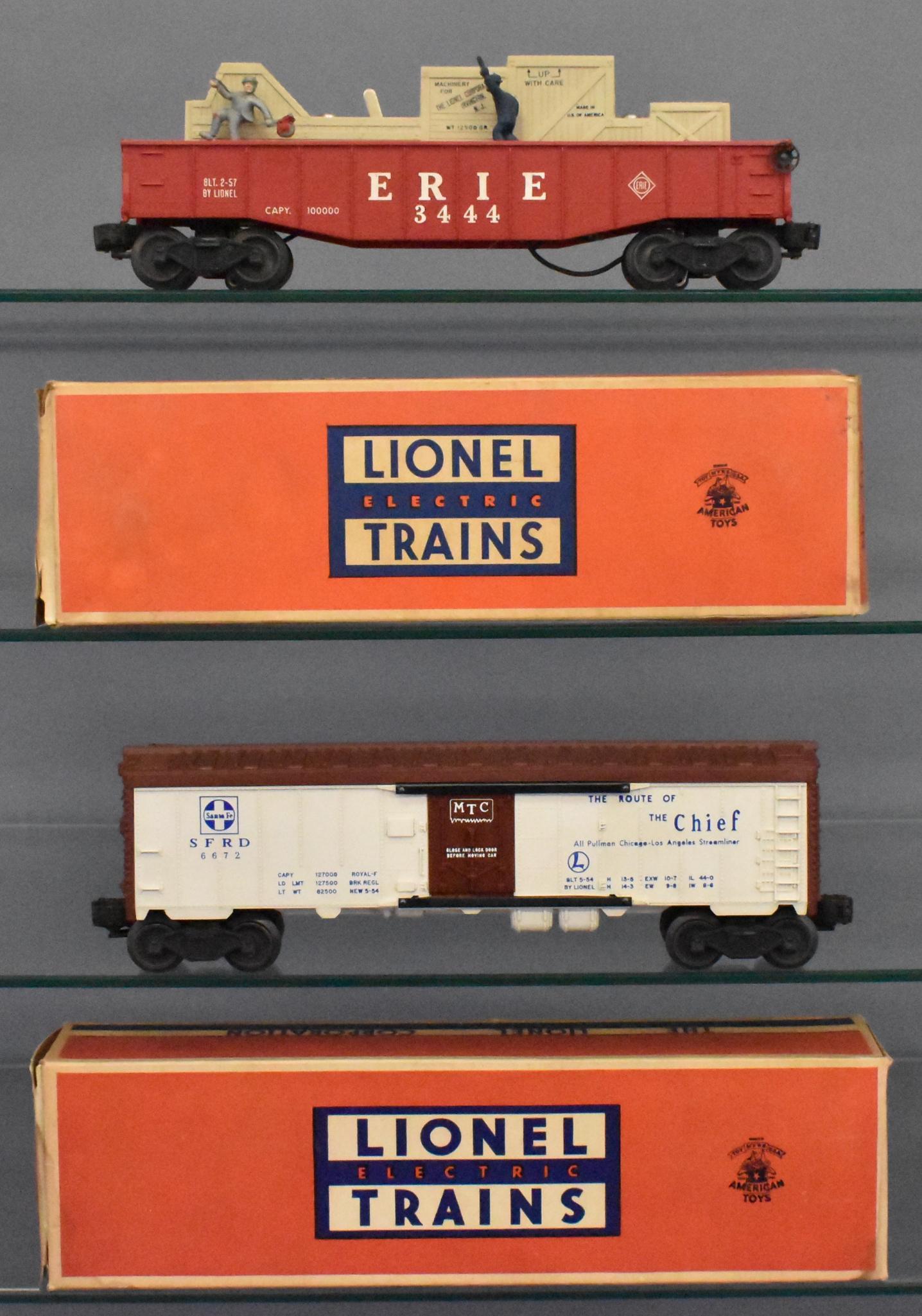 Lionel postwar O gauge 3444 6672 in original boxes: Includes 3444 Erie animated gondola and 6672 Santa Fe reefer with blue lettering, both exhibit light run time and are C7-8 with complete original boxes.