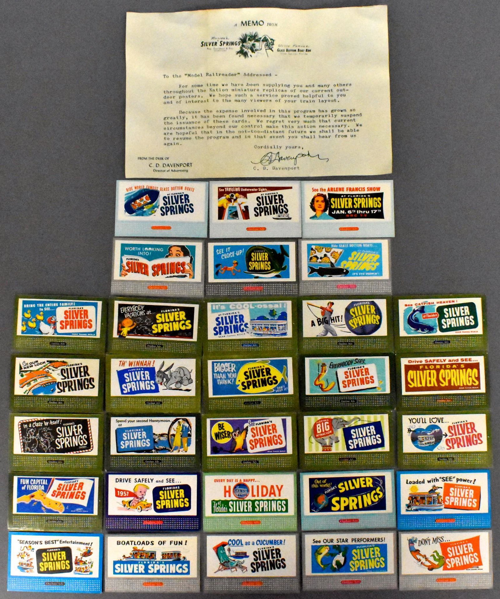 Fantastic group of Lionel HO Silver Springs billboards: Includes 31 different billboards and a letter from the desk of C.D. Davenport stating that the program to provide these billboards to model railroaders would be discontinued. Billboards are in very go