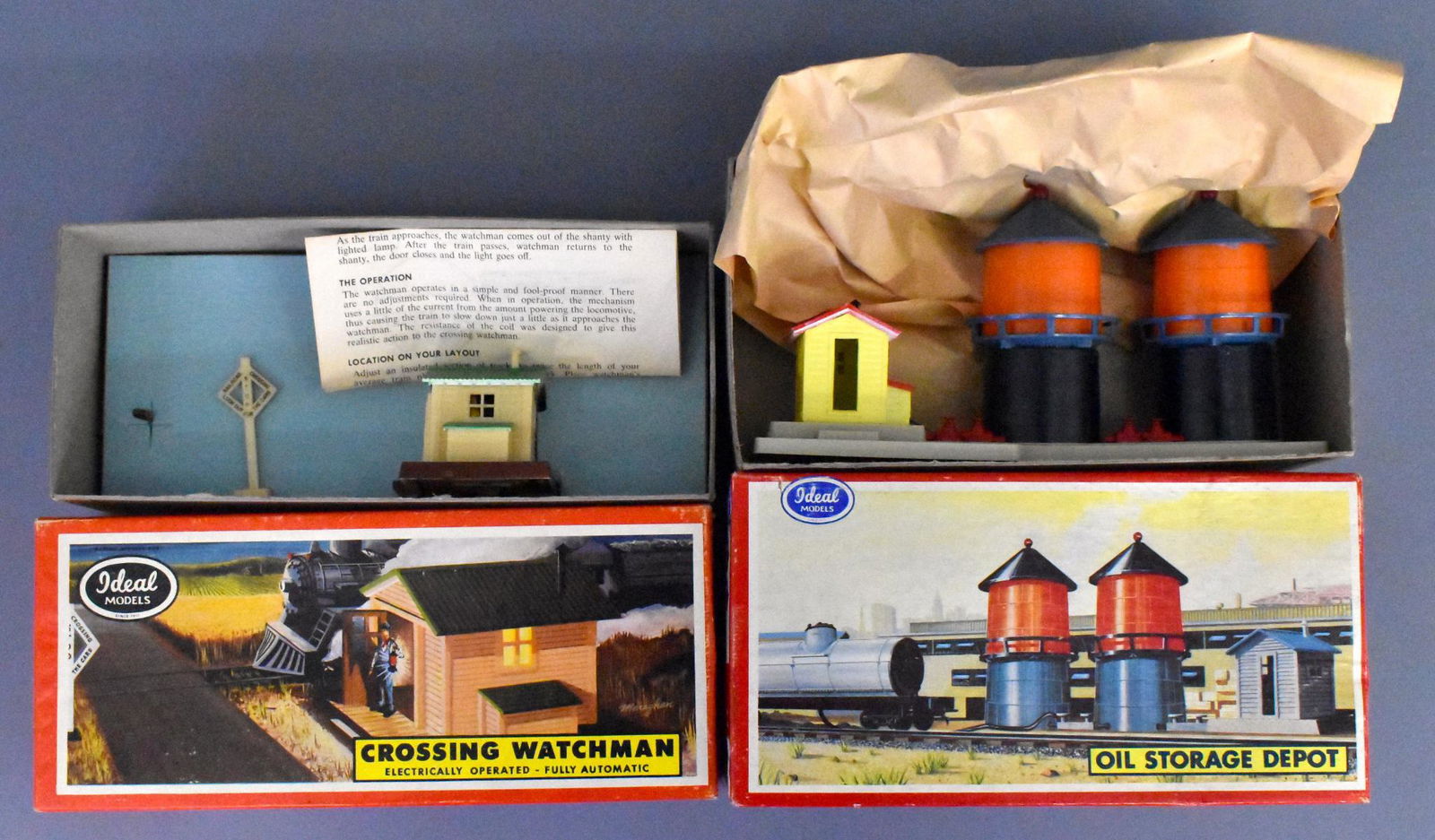 Two Ideal / American Flyer HO accessories MIB 35213: Includes 35213 oil storage depot and 35214 crossing watchman, both accessories are in Ideal boxes but have American Flyer original instruction sheets, both are C9-10 with excellent original boxes.