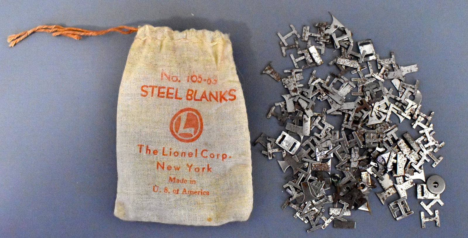 Original bag of Lionel 165-83 steel blanks: Nice bag with somewhat faded lettering near the top, probably missing some of the original steel blanks, too.