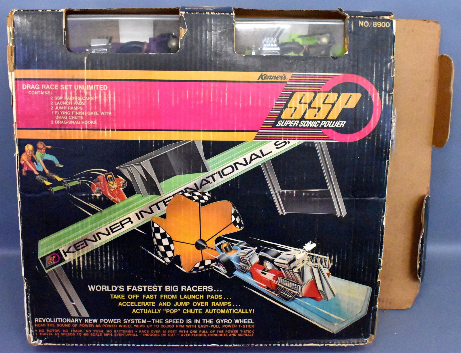 Kenner SSP Drag Race Set Unlimited in original box: Set looks to be complete, or very near, cars are very good but the green buggy type car has one front wheel broken off, the wheel is here in a ziplock bag with many other loose parts. The box itself i