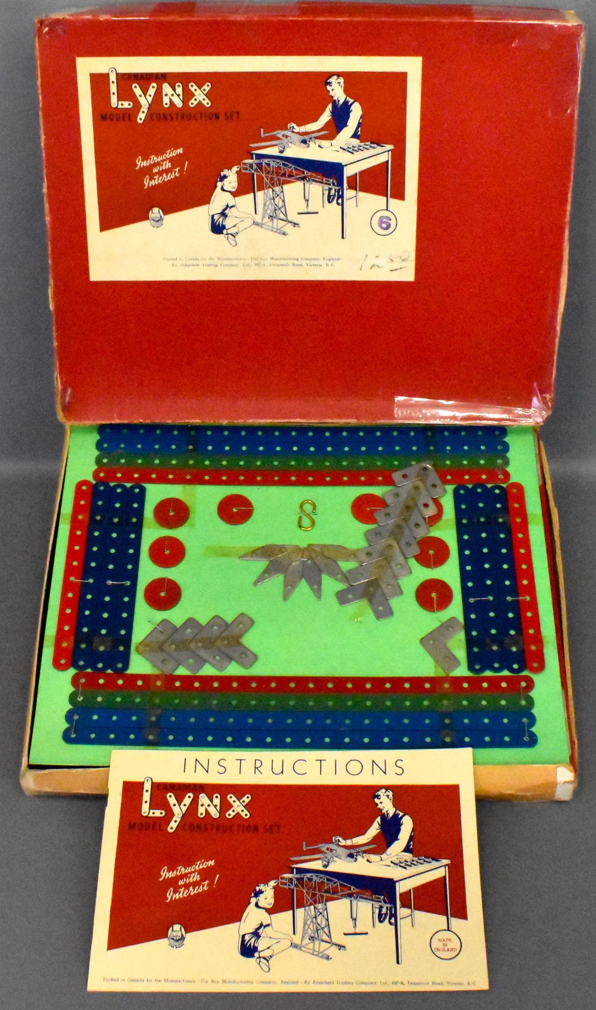 Unused Erector style Meccano Lynx model construction: Produced by The Bay Manufacturing Co, this is an Erector style Meccano Lynx model construction set in original box #6. Comes with a lot of different parts that are all still attached to the cardboard