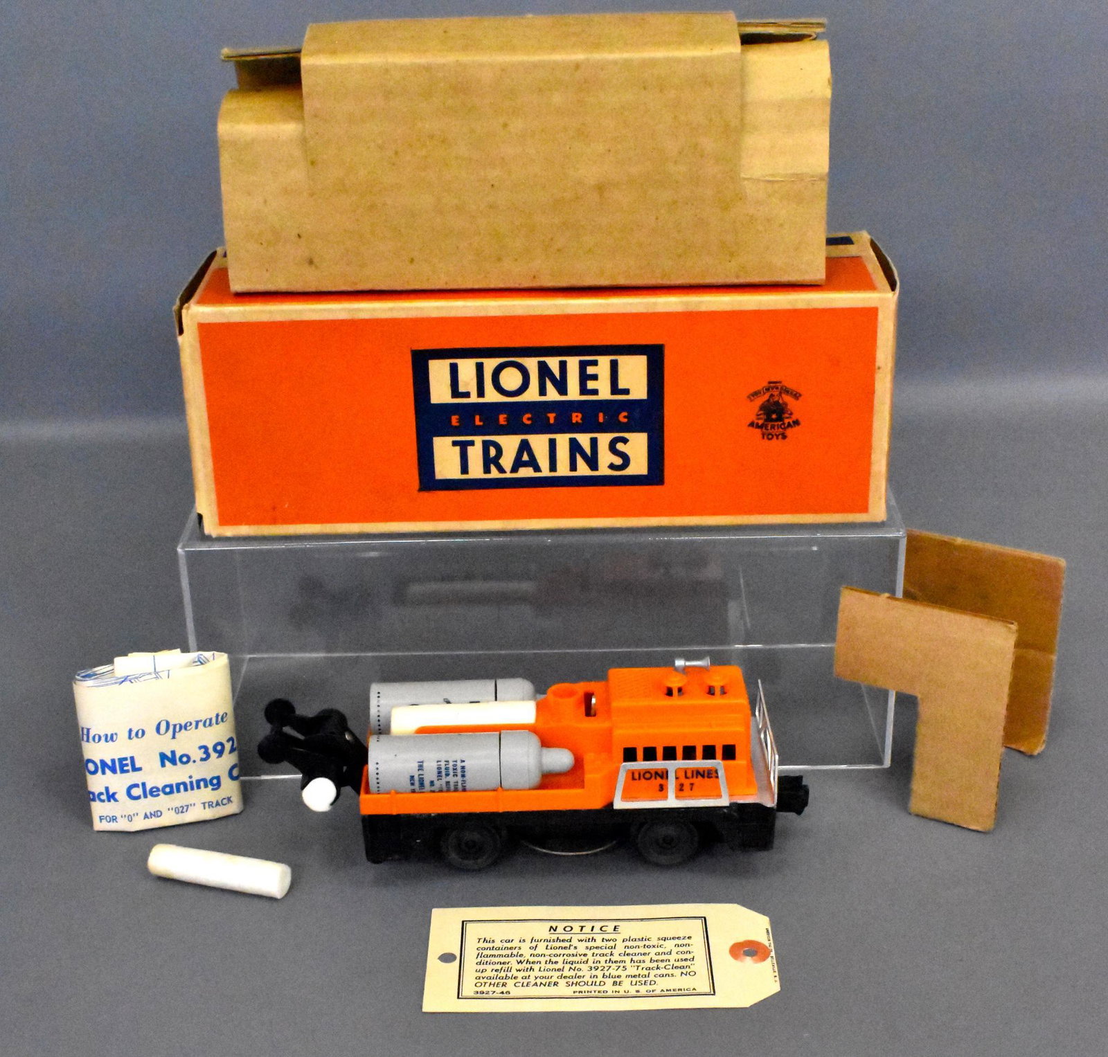 Unused Lionel postwar O gauge 3927 track cleaning car: Unused Lionel postwar O gauge 3927 track cleaning car in original box. Car is unused and C9 but missing the foam scrubber from the bottom. Comes in a brick original box with both original inserts and 