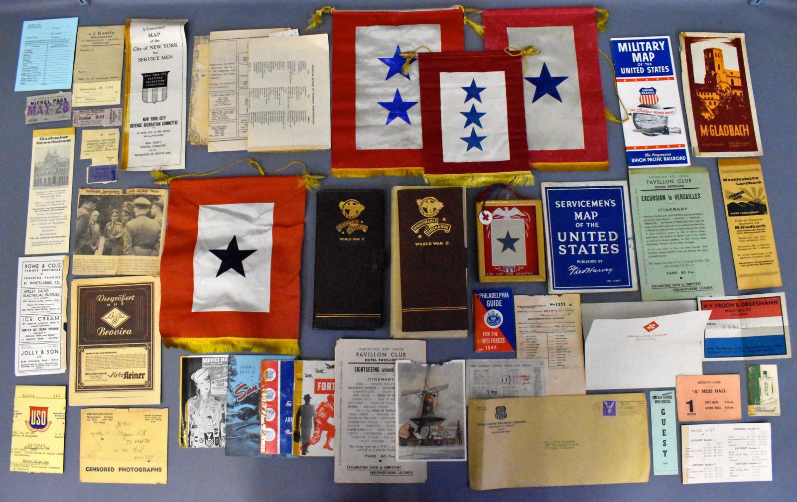 US WWII Son in Service pennants banner flags & home: US WWII Son in Service pennants banner flags & home front scarce triple star. Lot includes 2X single star window flag, 1X double star window flag, and 1X scarce three star window flag. Single star wal