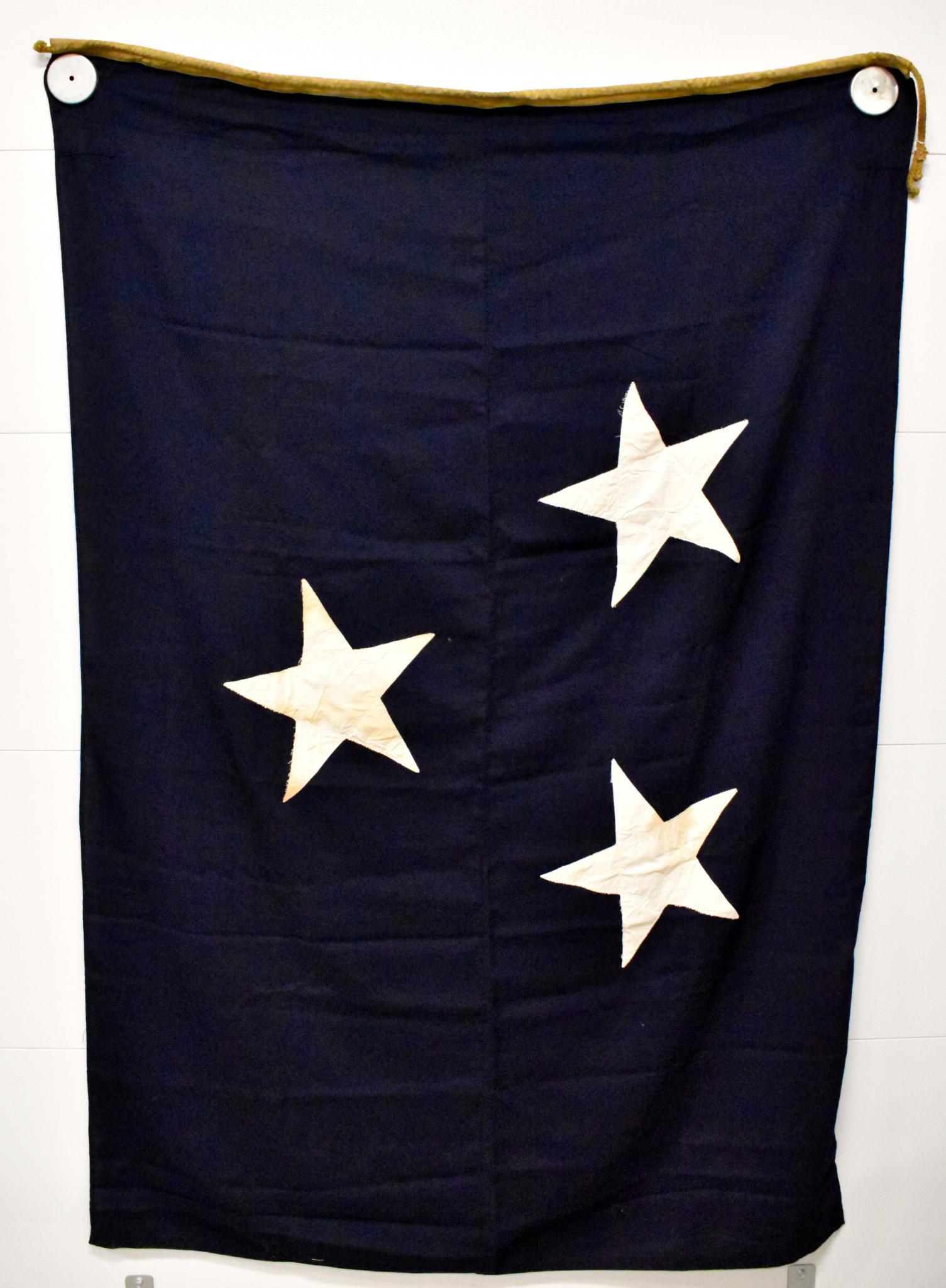 WWII US Navy USN rare large three 3 star Vice Admiral: A very rare WWII US Navy Vice Admirals 3 star ships flag. Wool body with cloth stars, measures 7ft by 4.5 ft. Ink stamp Vice Adm. SR. Excellent condition no mothing