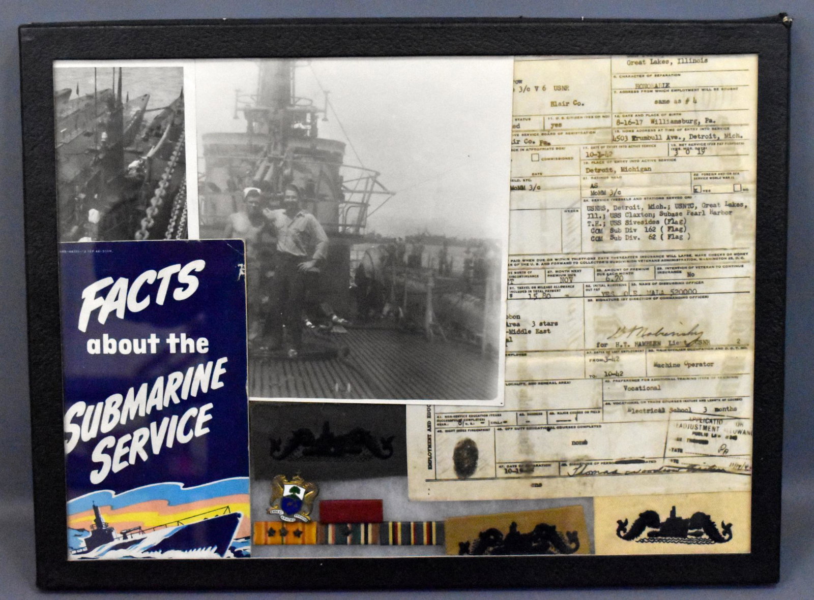 WWII USN Submariner Thomas Wilson photos insignia: WWII US Navy USN Submariner Grouping of Thomas Woodrow Wilson CPO Third Class Motor Machinist Mate includes photos insignia ribbons DI Distinctive Insignia service records USS Claxton USS Silversides 