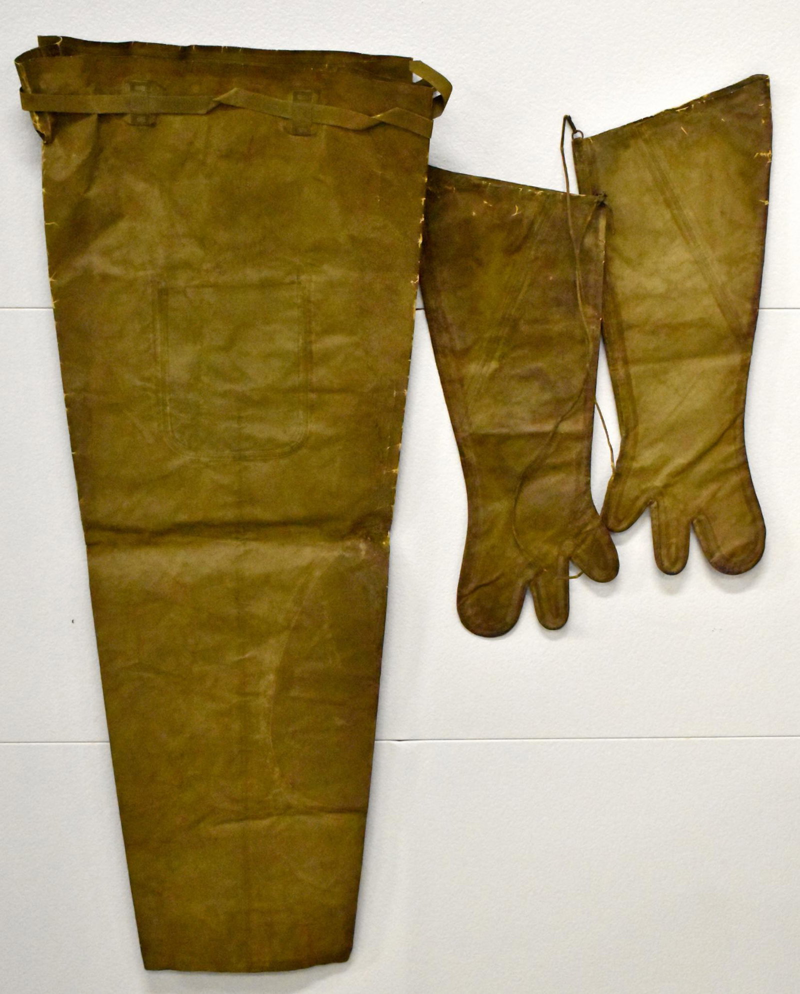 WWII Japanese military Army Gloves & Pants Chemical: WWII Japanese military Army rubberized cloth Gloves and Pants from Chemical Warfare Suit. Ink stamps on inside of both. Excellent condition Rare items