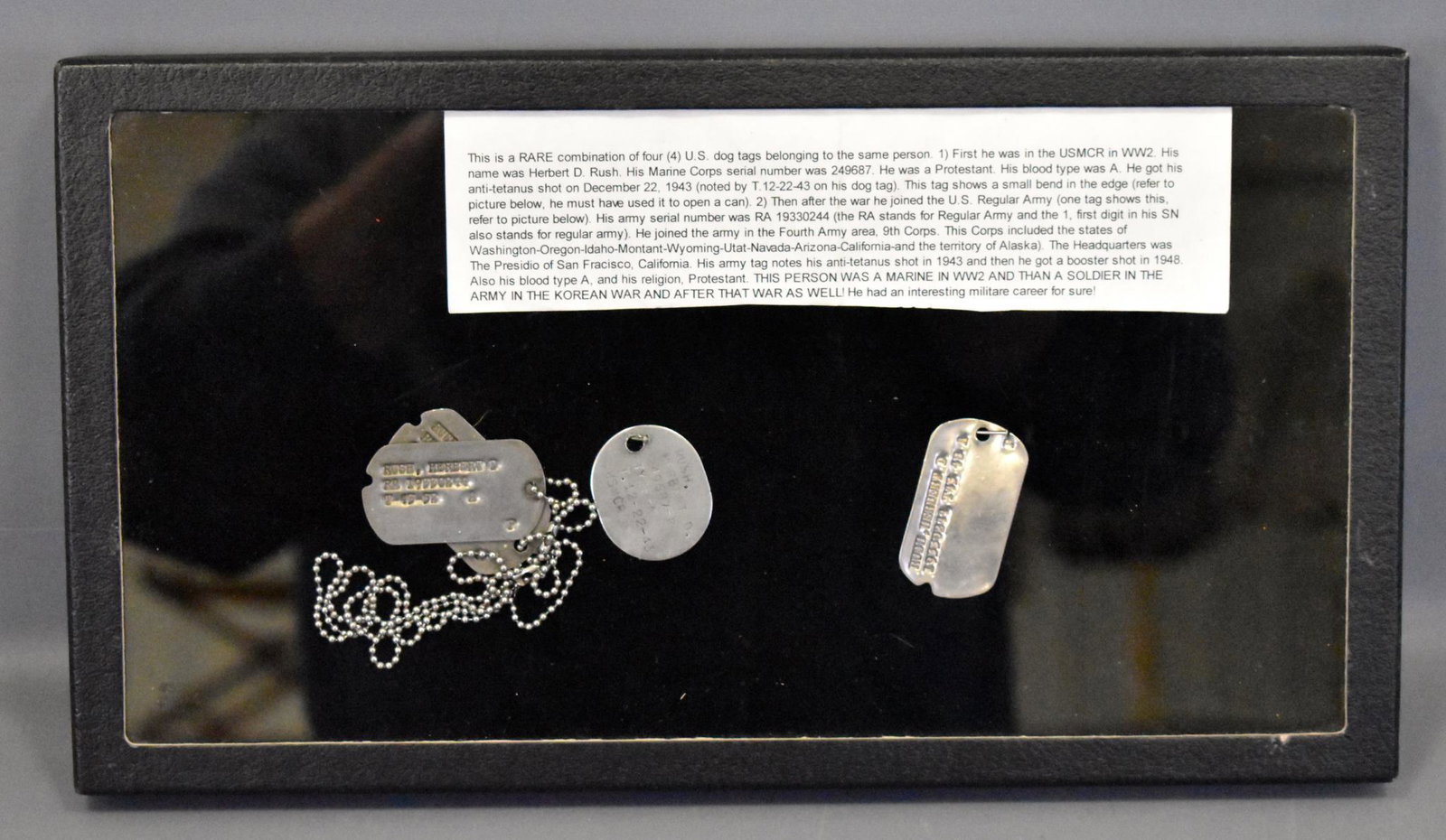 US WWII & Korean War group Herbert Rush USMCR Marine: US WWII and Korean War veteran grouping of Herbert D. Rush who served in USMCR Marine Corp during WWII and in the Army during Korea. Includes dog tags and service history.