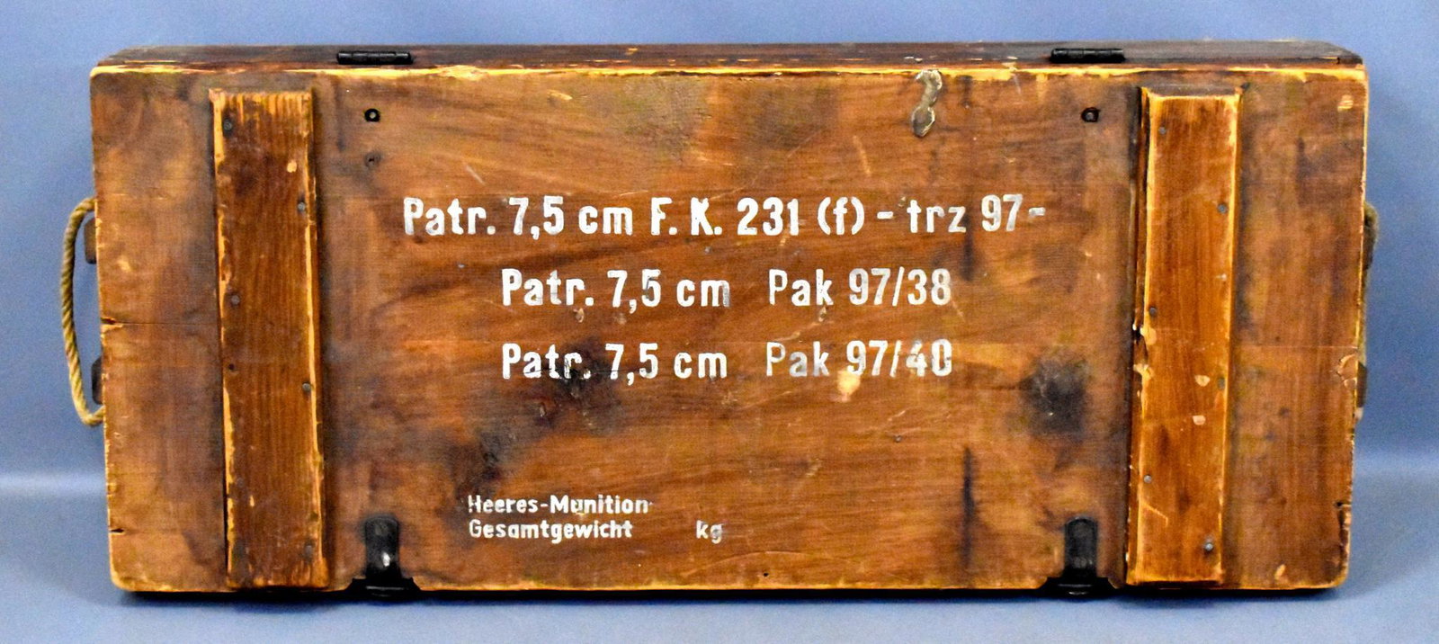 WWII German Army military 75mm artillery ammunition box: WWII German Army military wooden 75mm artillery ammunition box case for gun model Pak 97/38 and 97/40 with shipping label to USA from Carl W. Carlson Measures 12 x 29 x 5 inches. Overall excellent
