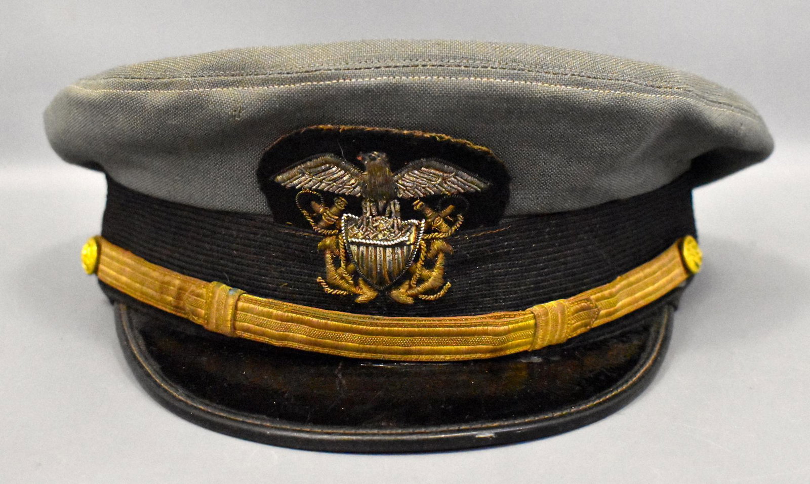 WWII military US Navy officers uniform grey dress cap: WWII military USN US Navy officers uniform scarce grey dress cap hat with wicker head band. Named to Lt. U. K. Ort Size looks to be a 7 to 7 1/2 Excellent condition.