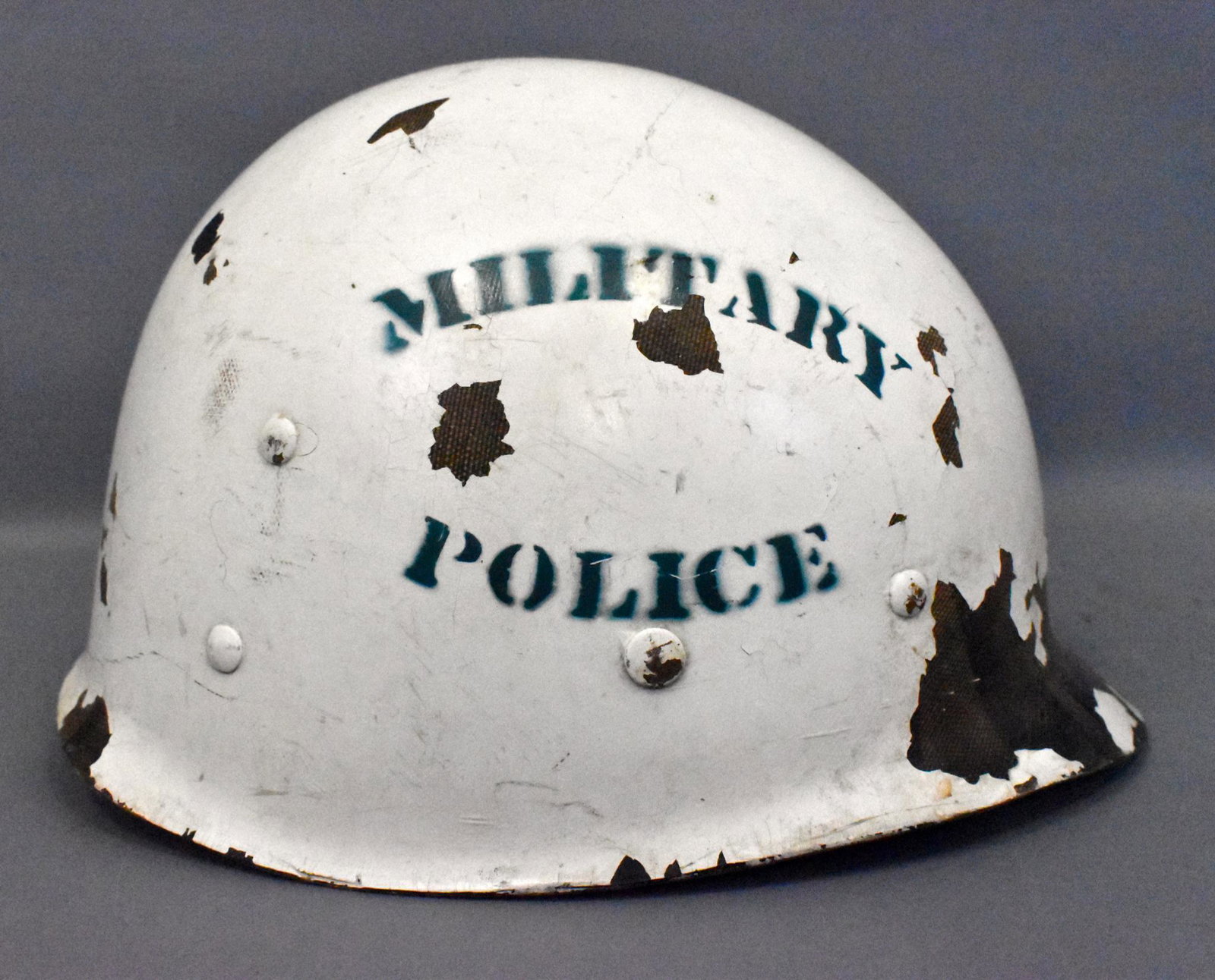 WWII US Army Kapac MP Military Police M1 helmet Liner: WWII US Army Kapac MP Military Police helmet Liner painted white w/ Military Police stencil. Fair to Good condition.