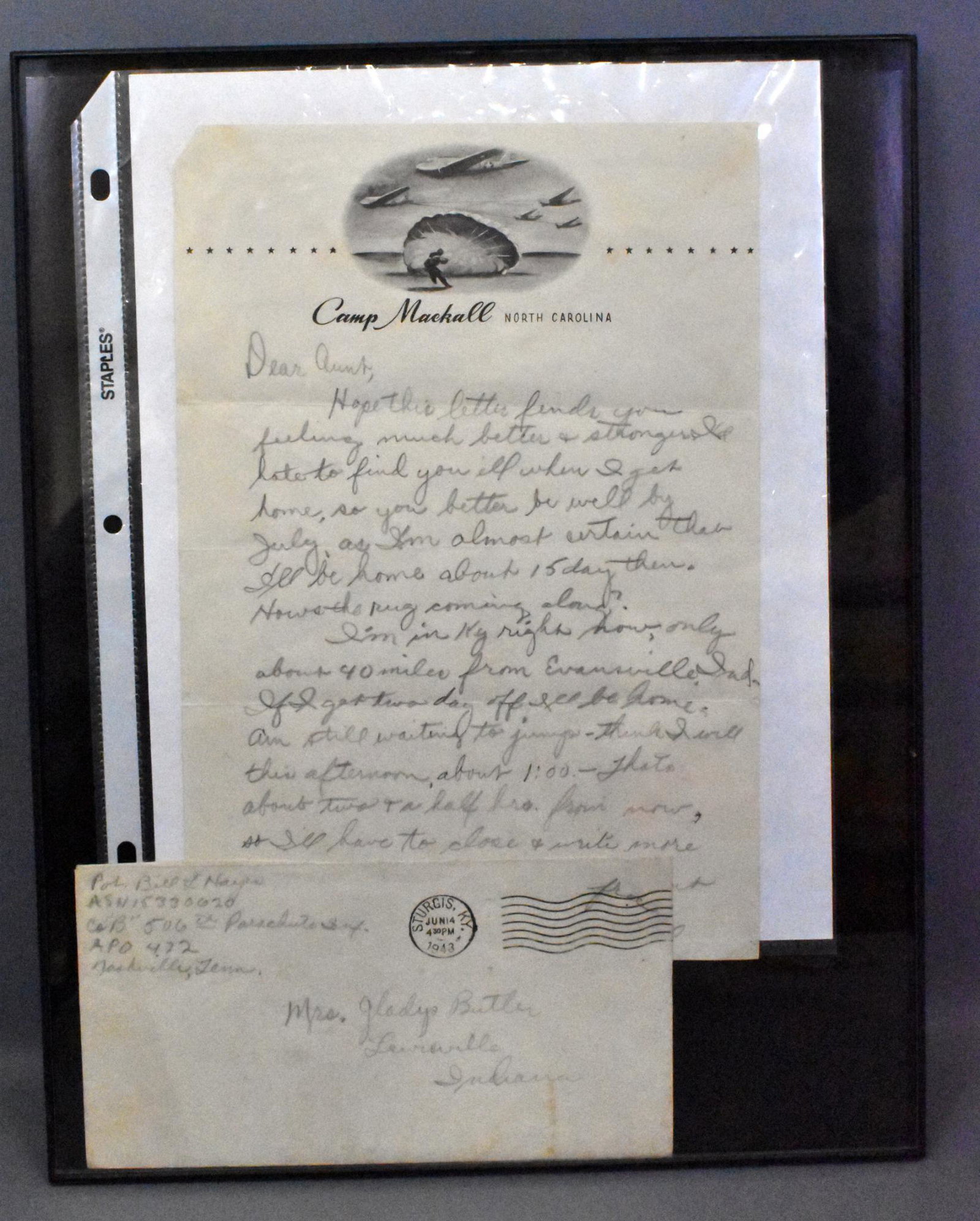 US WWII Pvt Bill Hays 101st Airborne 506th PIR letter: US WWII Pvt Bill Hays 101st Airborne 506th PIR letter on logo stationary from Camp Mackall with envelop in frame with bio sheet later POW in Stalag C3 Brandenburg Germany