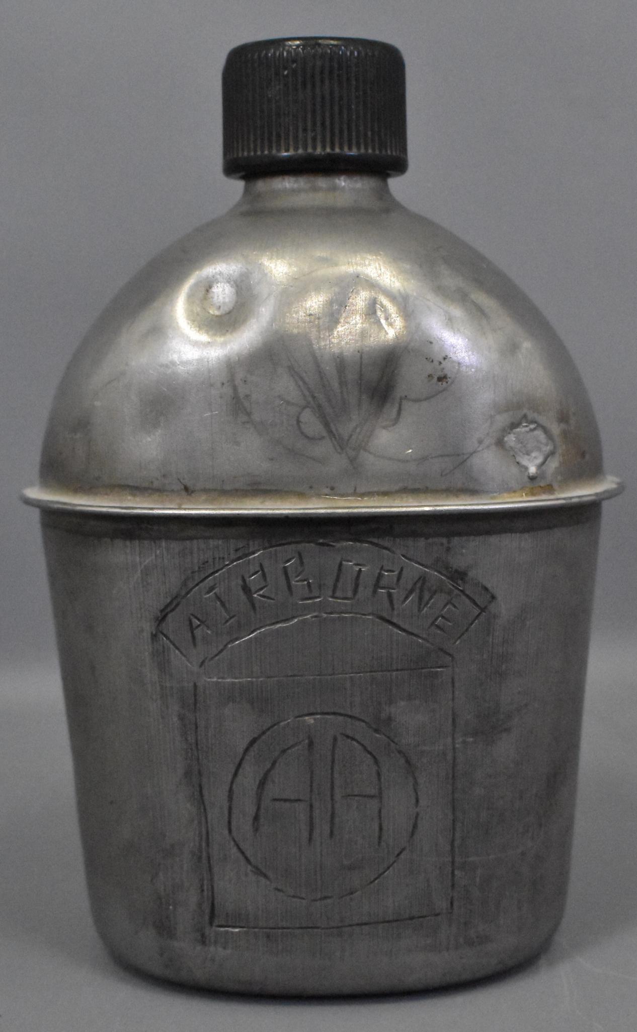 US WWII 82nd Airborne logo trench art canteen: US WWII 82nd Airborne logo trench art canteen US SM Co 1944, nice piece.