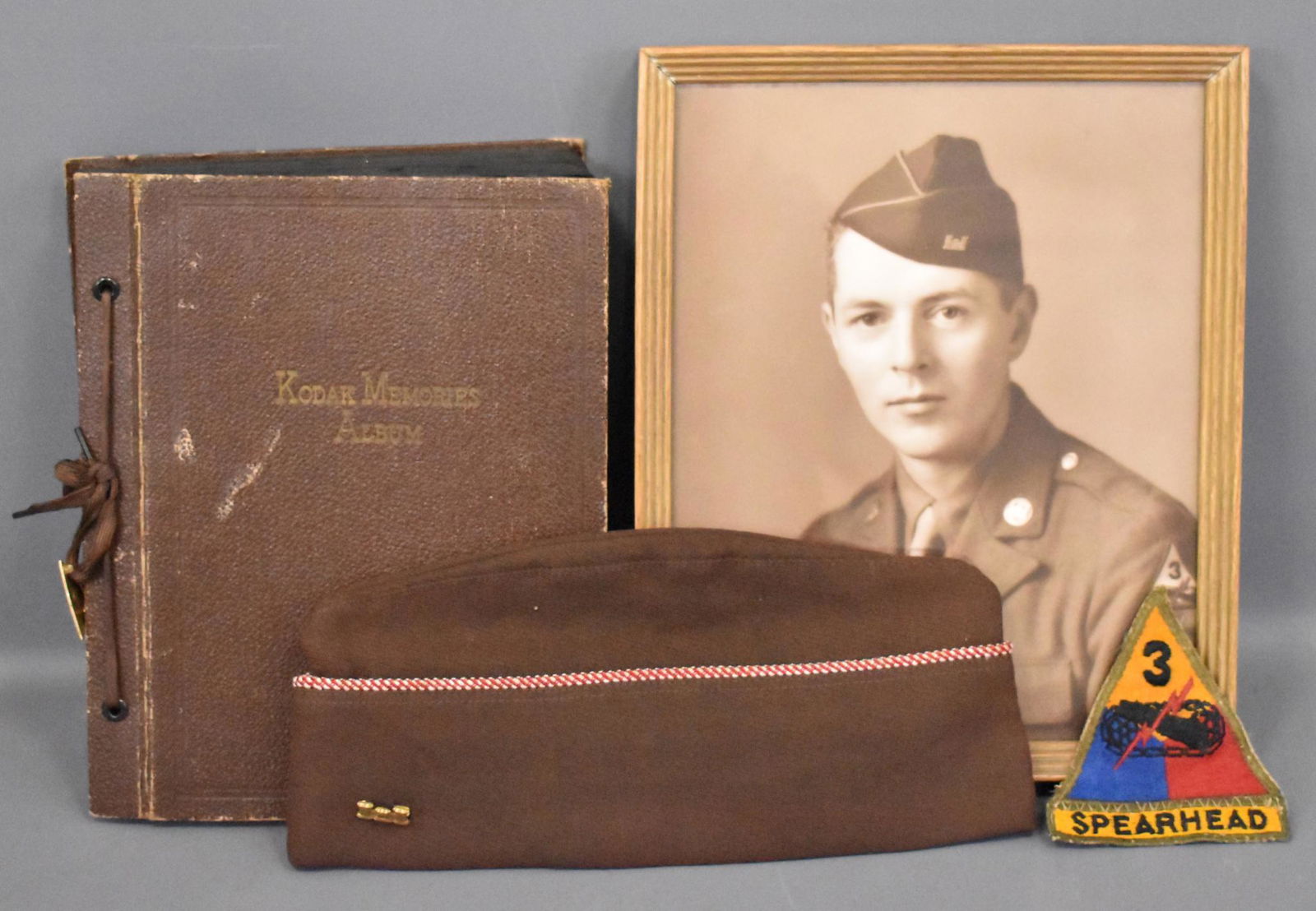 US WWII grouping Army 3rd Armored Division Engineers: US WWII grouping Army 3rd Armored Division Engineers cap patch photos includes overseas cap with Eng pin patch map of moments through Europe approx 100 photos many in Europe and framed portrait