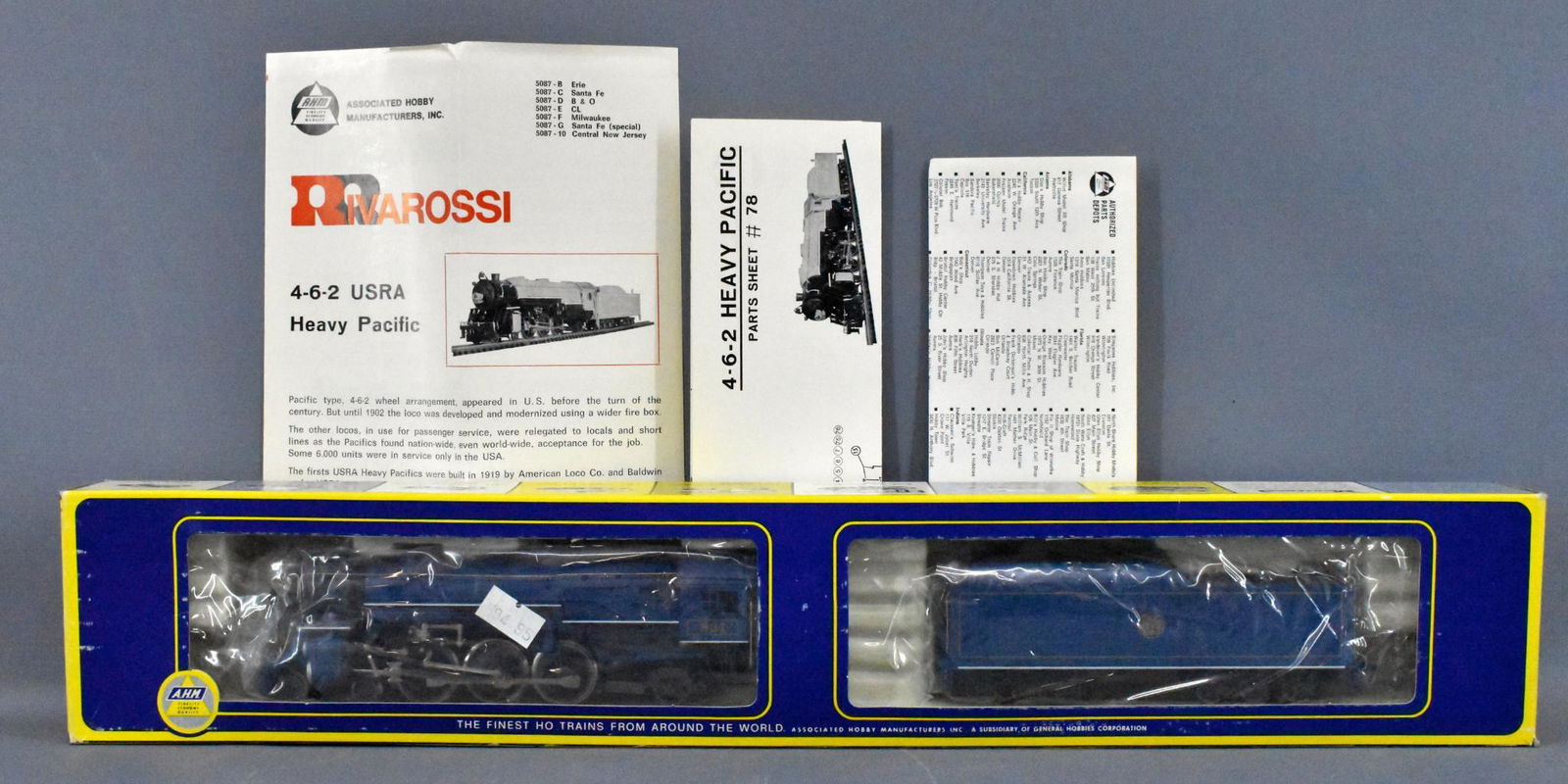 Rivarossi HO scale New Jersey Central 4-6-2 Blue Comet: Rivarossi HO scale New Jersey Central 4-6-2 Blue Comet steam locomotive, mint in original box, stock number 5087-10. Locomotive and tender are new old stock and C9-10 in an excellent original box with