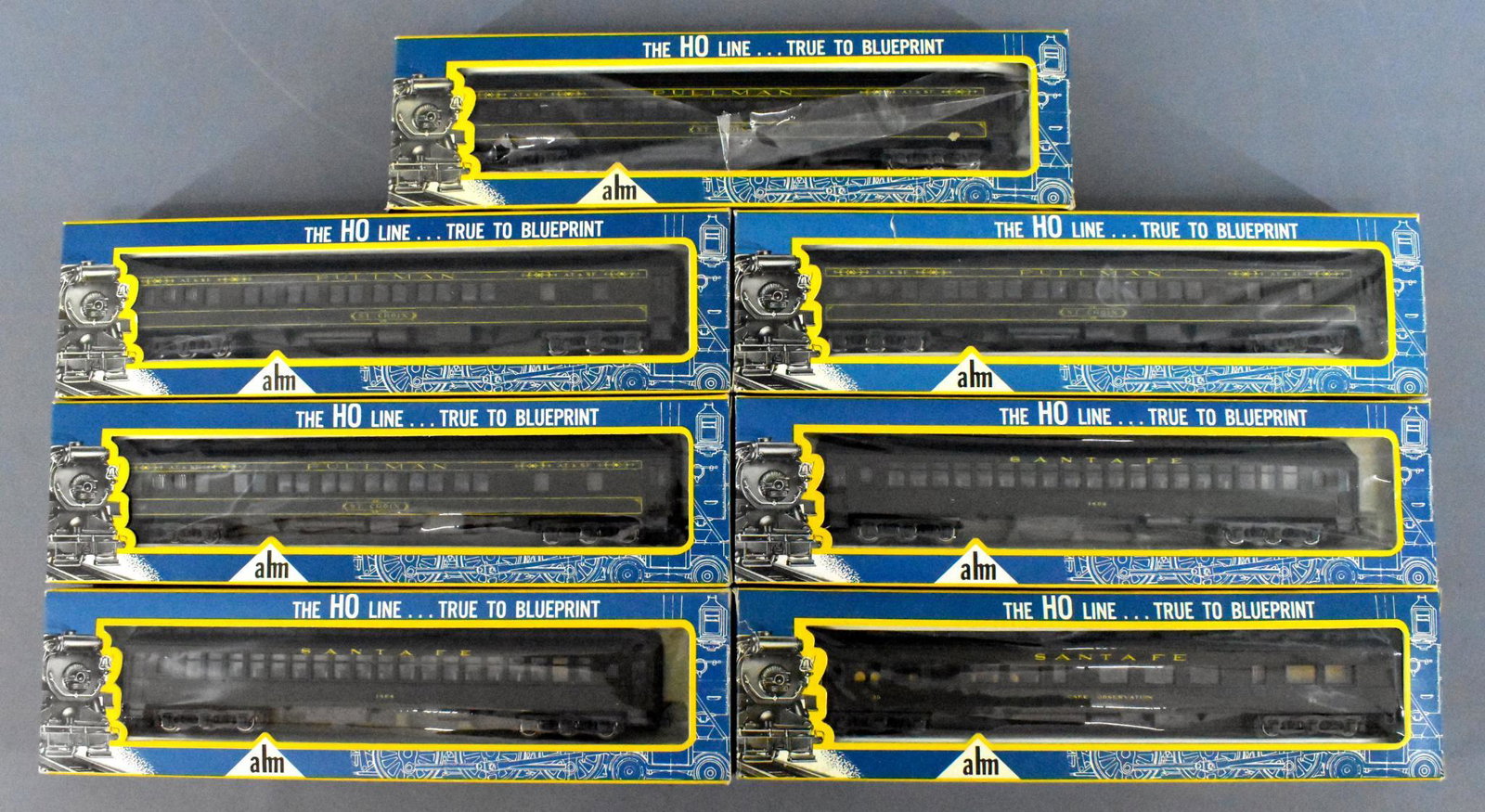Seven Rivarossi HO Santa Fe heavyweight passenger cars: Seven Rivarossi HO Santa Fe heavyweight passenger cars, mint in original boxes. Includes four Pullman, two coach and one observation, C9-10 in very good toexcellent original boxes.