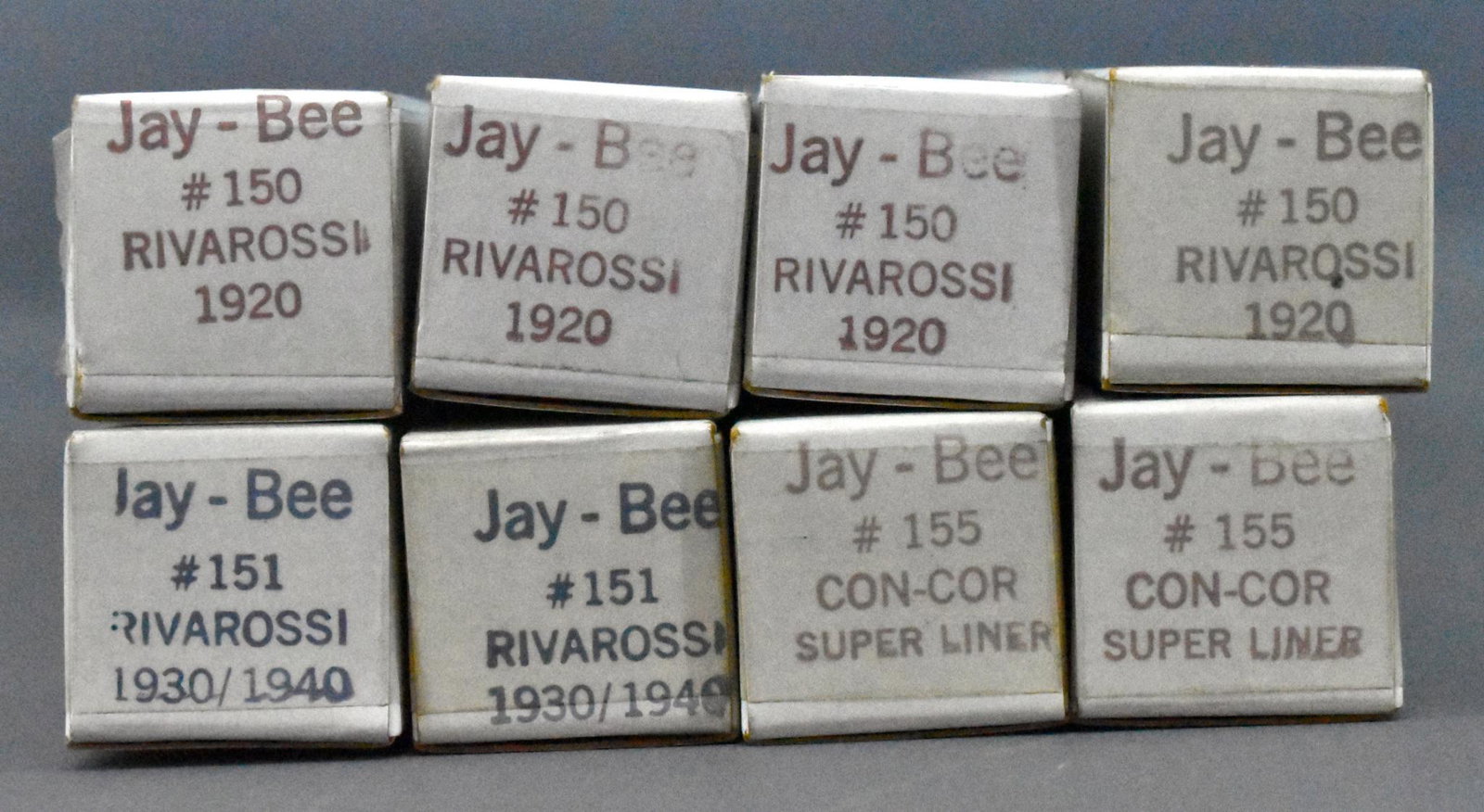 Eight Jay-Bee passenger car lighting kits for Rivarossi: Eight Jay-Bee passenger car lighting kits for Rivarossi HO scale to include four #150 1920 , two #151 1930/1940 and two #155 Con Cor super liner. All eight are new old stock in excellent original boxe