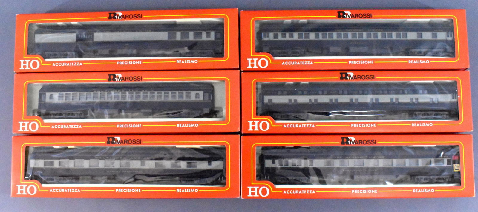 Six Rivarossi HO scale B&O heavyweight passenger cars: Six Rivarossi HO scale B&O heavyweight passenger cars in original boxes. Incl combine, coach, diner, Pullman, duplex sleeper and observation cars, C9-10 in excellent original boxes.