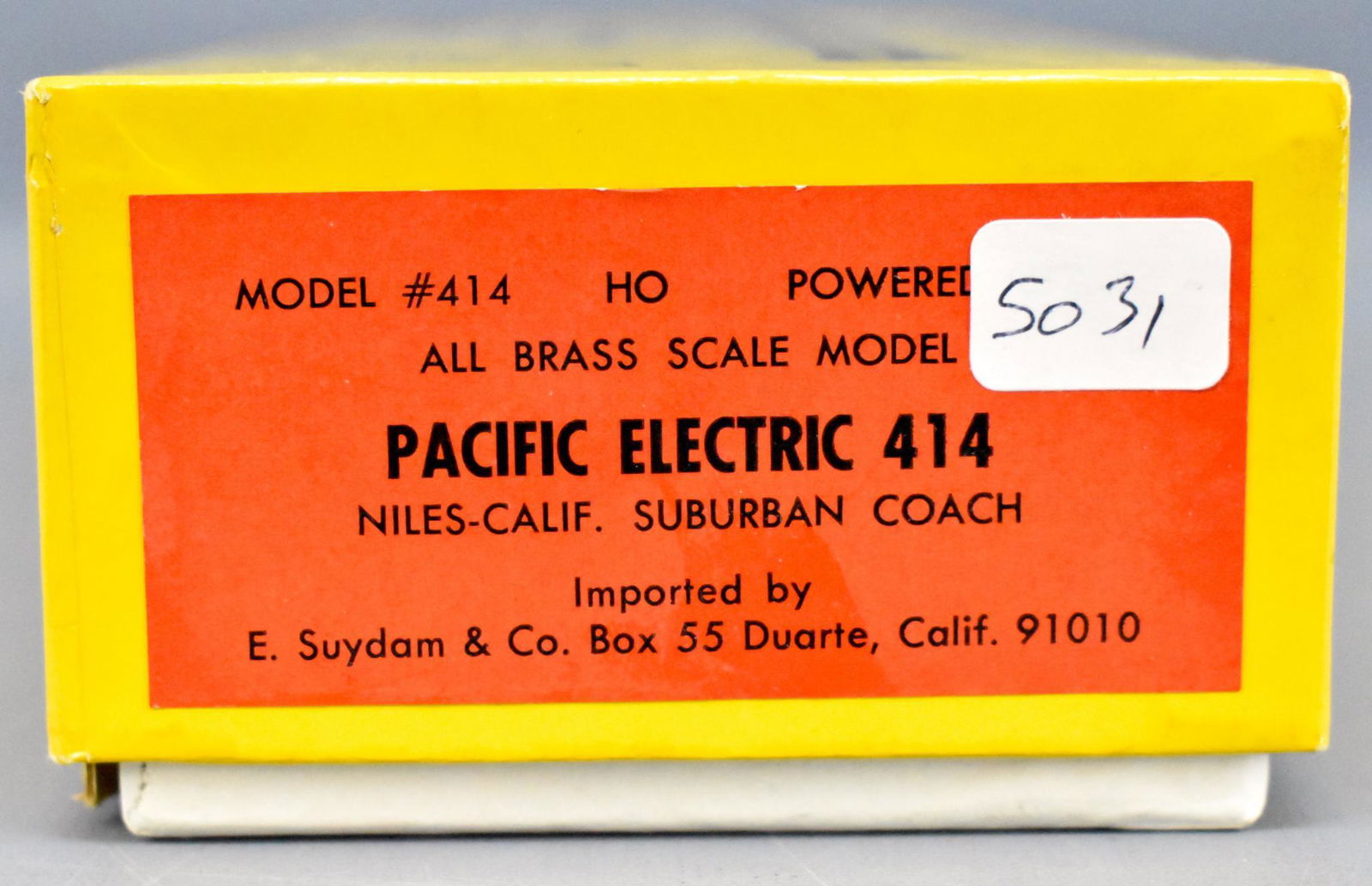 Factory sealed E Suydam HO brass #414 Pacific Electric: Factory sealed E Suydam HO brass #414 Pacific Electric 414 Niles California suburban coach. The original box is still factory sealed and has never been opened, presumed C9-10, comes in an excellent or