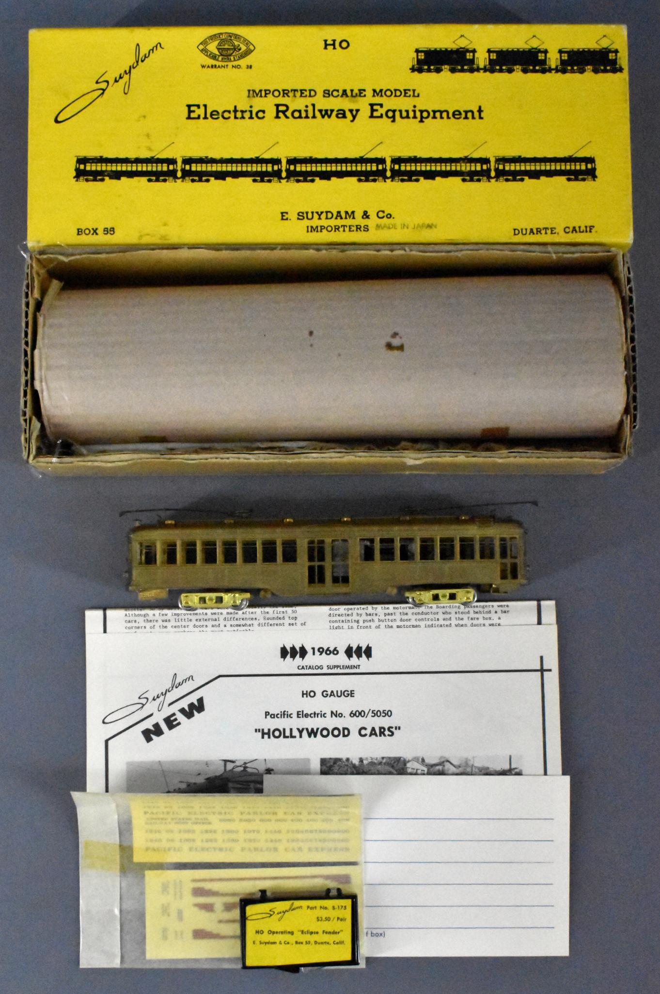E Suydam HO scale brass #600 Hollywood car in original: E Suydam HO scale brass #600 Hollywood car in original box. Unit is powered and has been run, C7 with original paperwork, decals and small parts in an excellent original box.