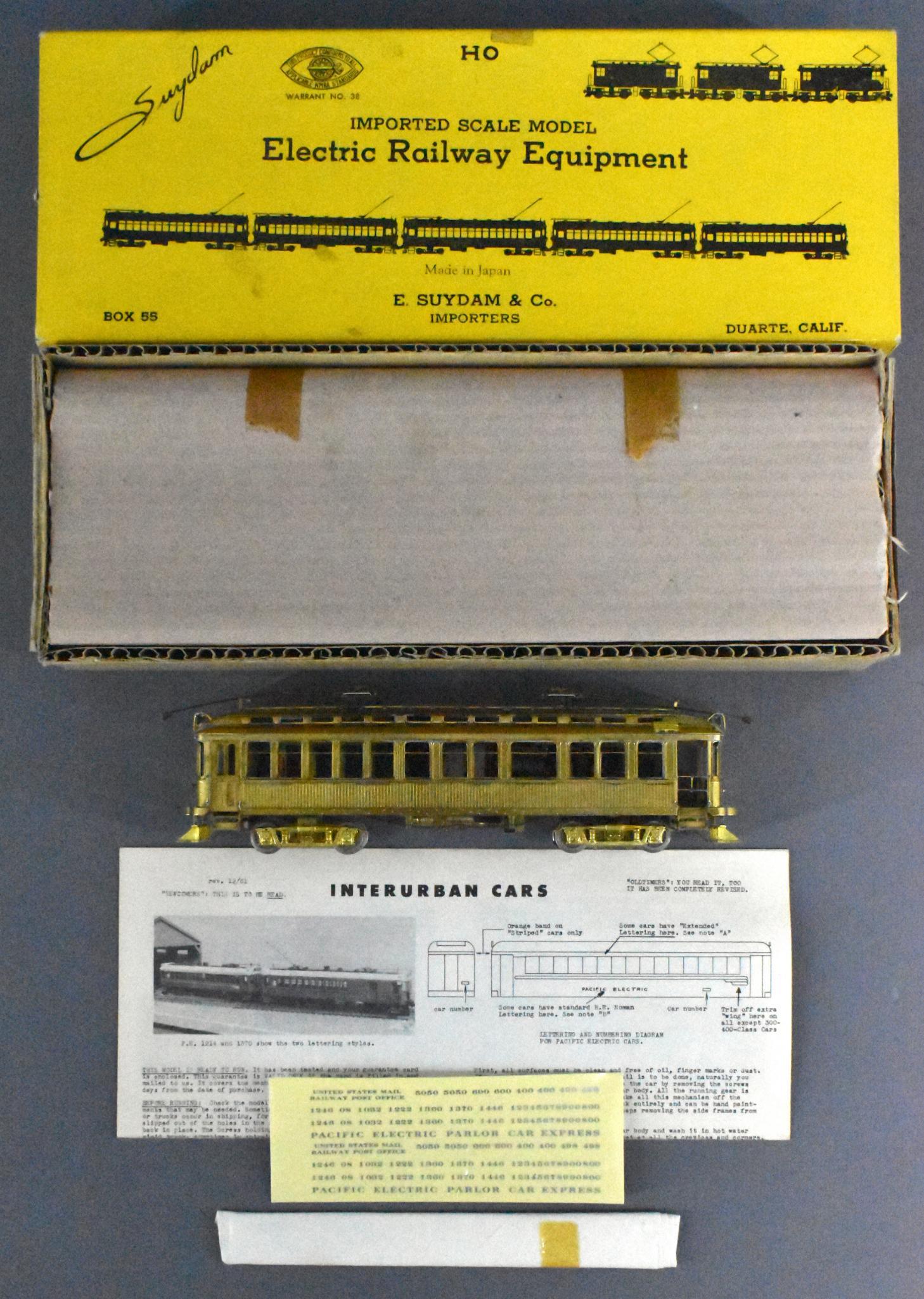 E Suydam HO brass #800 Pacific Electric "Eight" wood: E Suydam HO brass #800 Pacific Electric "Eight" wood interurban coach in original box. Unit shows moderate run time but is clean and displays well, C7+. Comes with window strips, decals and original p