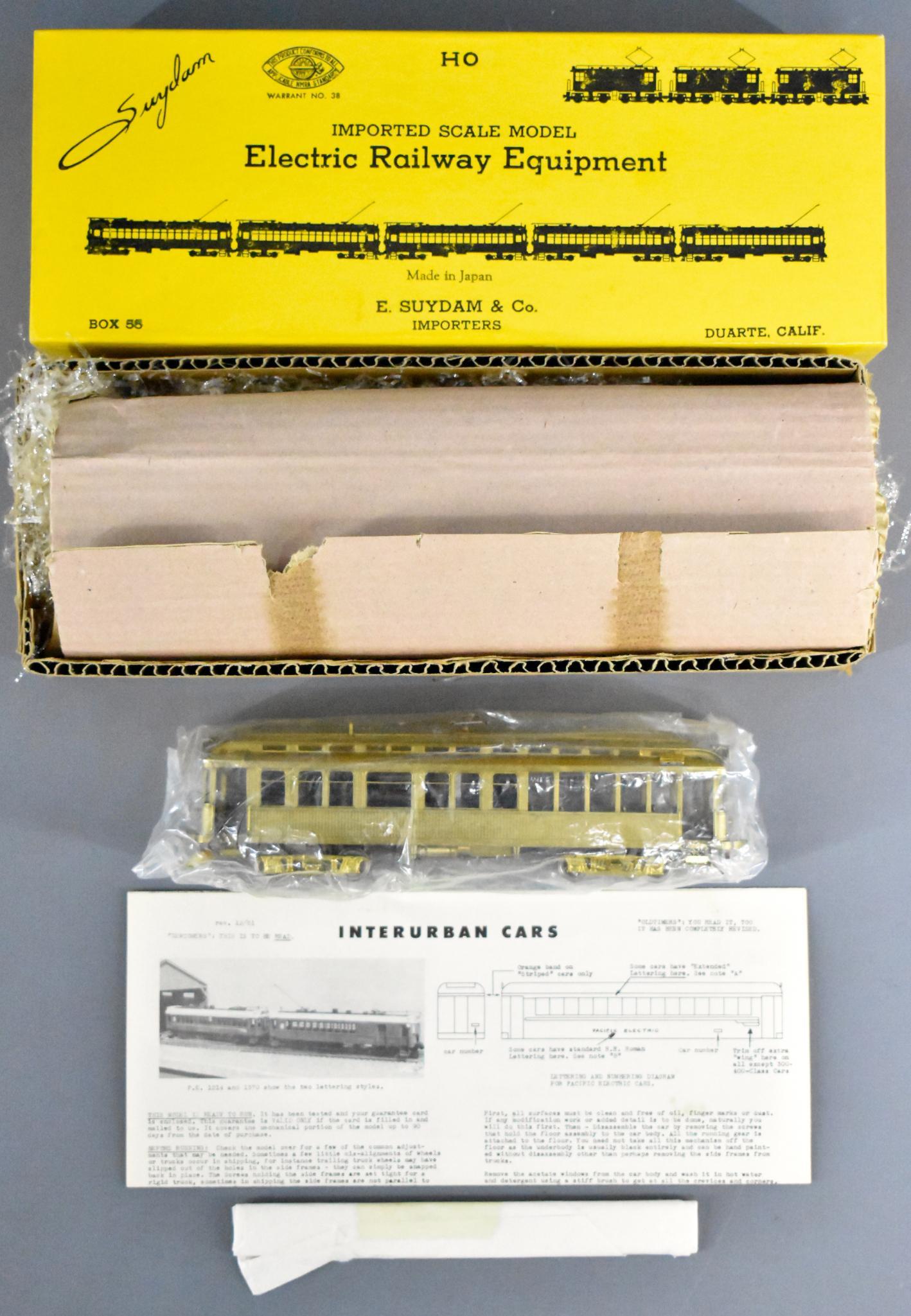 E Suydam HO brass #801 Pacific Electric "Open end: E Suydam HO brass #801 Pacific Electric "Open end eight" wood interurban coach in original box. Unit has little to no run time and is C8-9 in an excellent original box with original inserts, window st