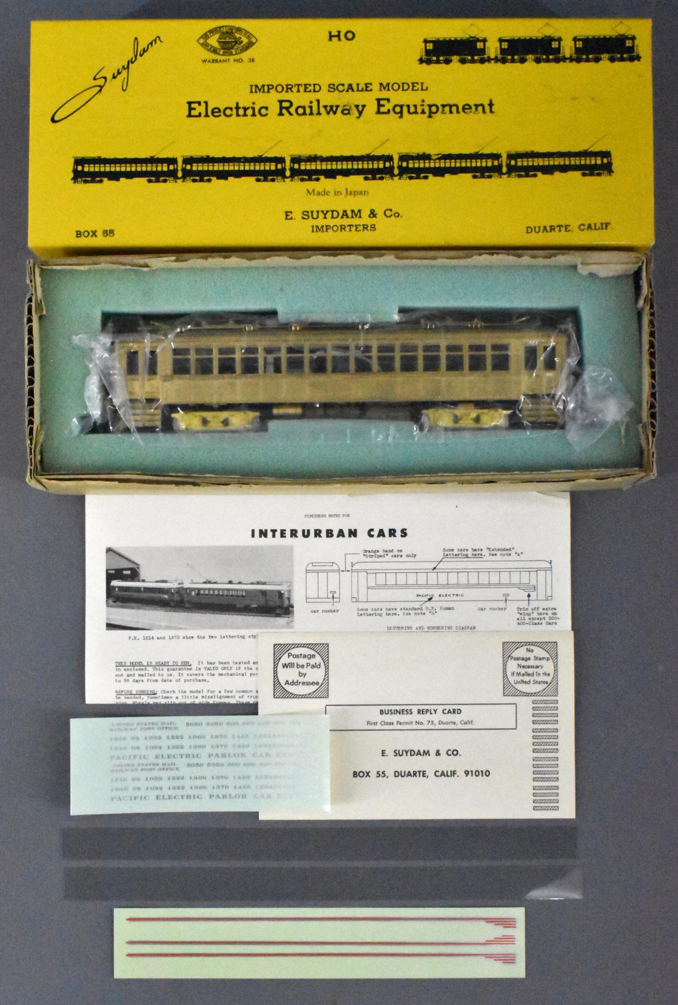 E Suydam HO brass #1100 Pacific Electric Steel: E Suydam HO brass #1100 Pacific Electric Steel interurban coach in original box. Unit is unrun and C8+ in an excellent original box with original inserts, original paperwork, window inserts strips, an