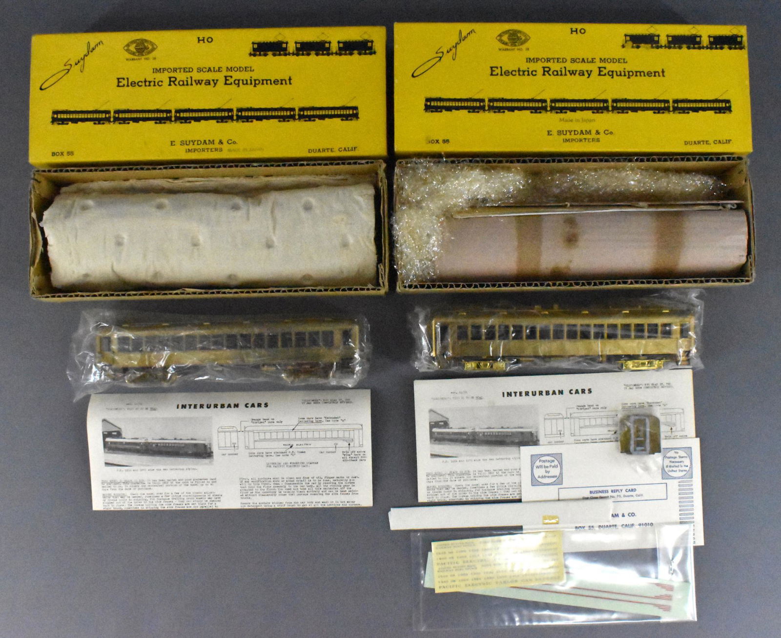 E Suydam HO brass #1222 1222T Pacific Electric Steel: E Suydam HO brass #1222 1222T Pacific Electric Steel interurban coach / trailer "Long Beach Twelve" in original boxes. The 1222 is unrun and C8+ with original paperwork, window strips and decals. The