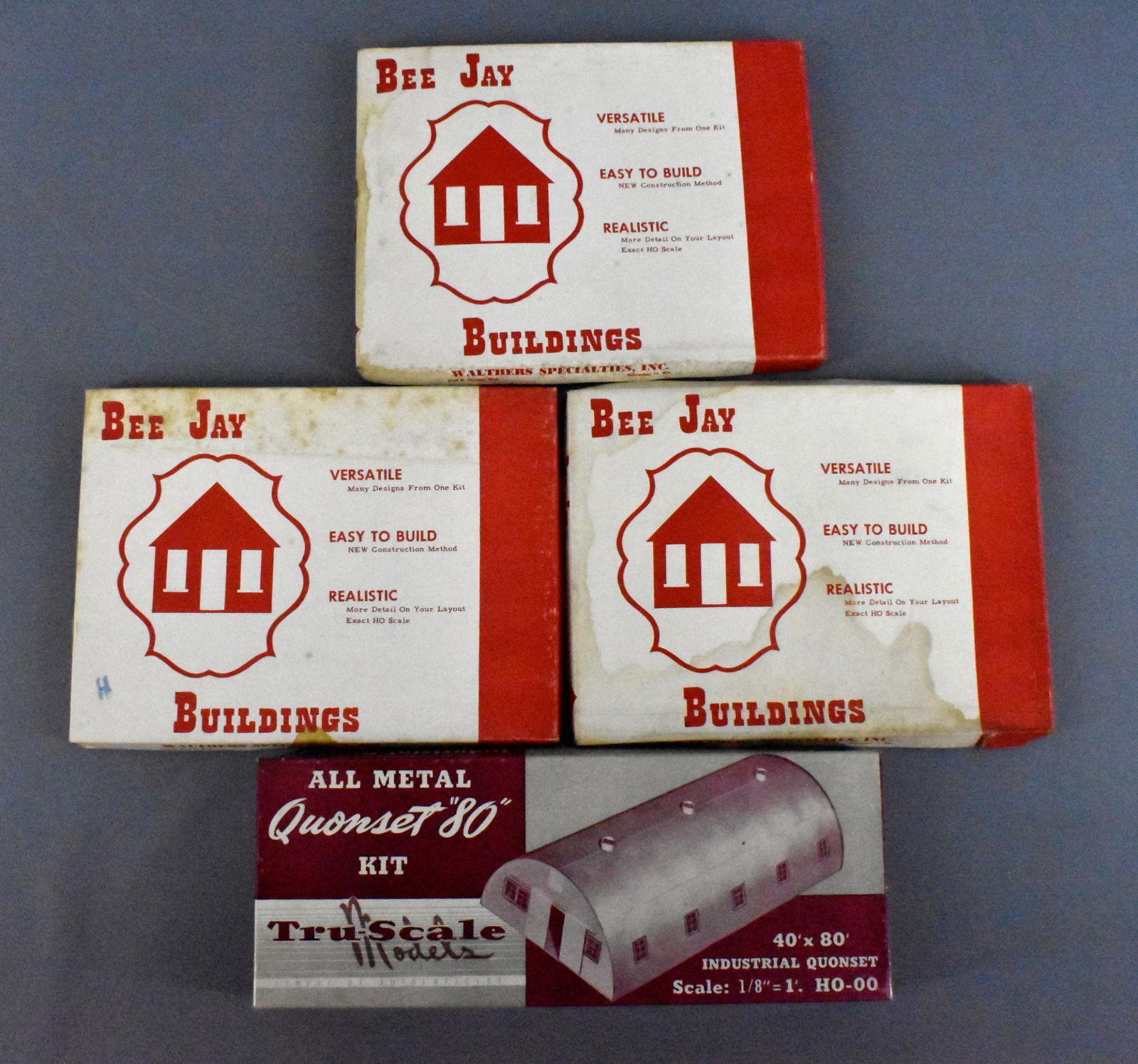 Four Bee Jay and Tru-Scale unbuilt model kits: Four Bee Jay and Tru-Scale unbuilt model kits, group includes 2 v499 City homes, 1 v500 Main street building and a tru-scale Industrial Quonset kit. All are new unbuilt in fair to good condition boxes