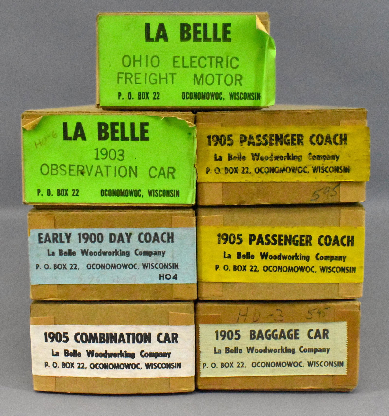 Seven La Belle HO train car kits in OB: Seven La Belle HO train car kits in original boxes , group includes Ohio Electric Freight Motor, Early 1900 Day Coach, 1903 Observation Car, 1905 Baggage Car, 2 1905 Passenger Coach, 1905 Combination 