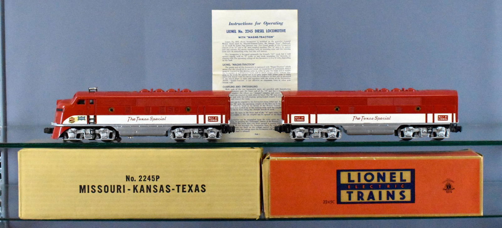Lionel postwar O 2245 MKT Texas Special F-3 diesel AB: Lionel postwar O 2245 MKT Texas Special F-3 diesel AB set in original boxes. Both units have light run time and are very nice and clean, C8. includes complete original boxes but the 2245C has an end f