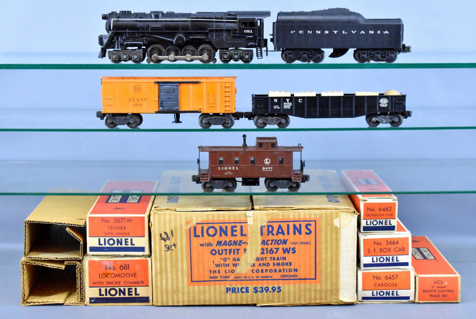 Boxed Lionel postwar O 2167WS steam freight set: Boxed Lionel postwar O 2167WS steam freight set. Set consists of 681 steam turbine locomotive, 2671W Pennsylvania tender, 3464 Santa Fe operating box car, 6462 black New York Central gondola with five