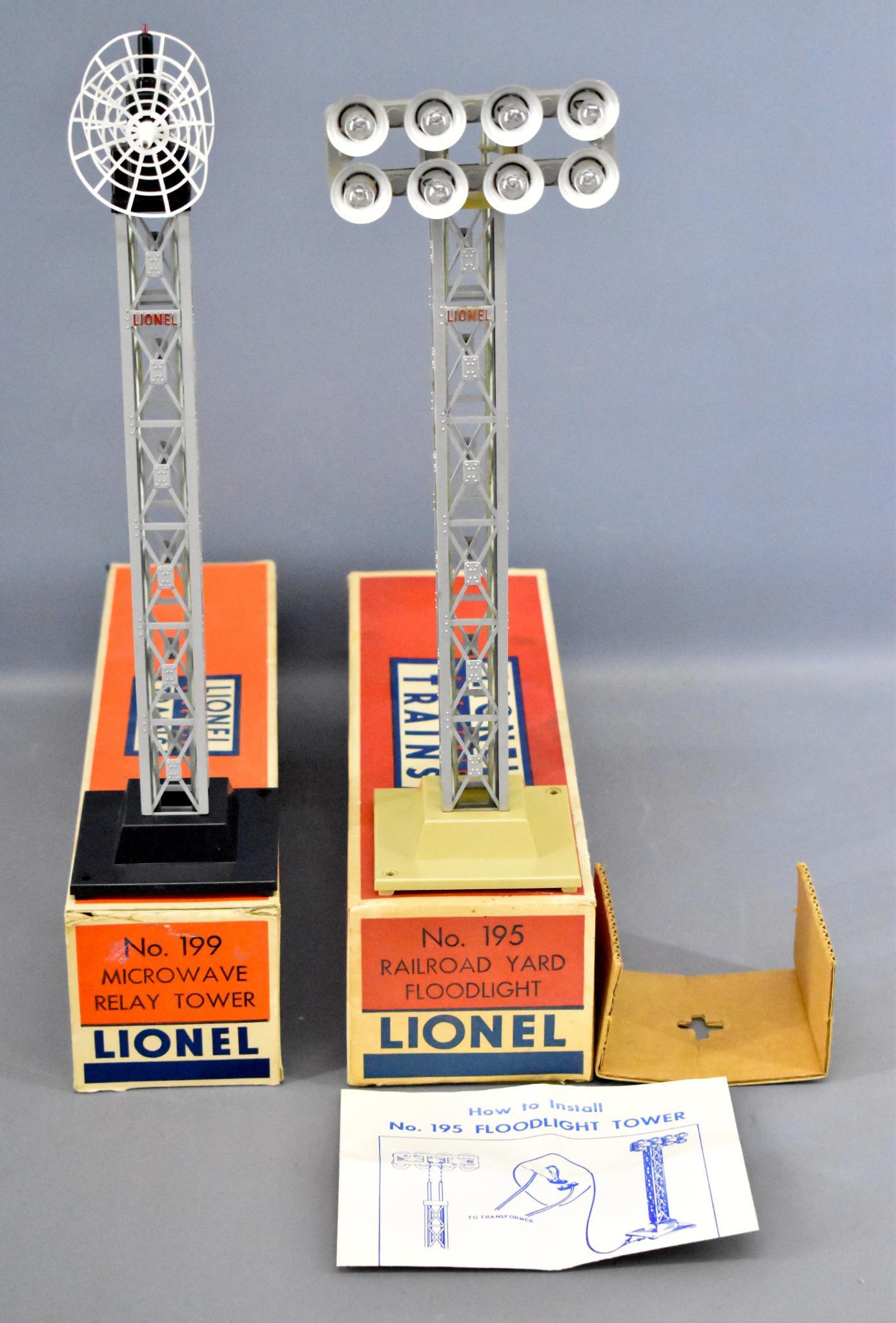 Lionel postwar O 195 199 towers in original boxes: Lionel postwar O 195 floodlight tower and 199 microwave tower in original boxes. Both accessories are very nice but the 199 radar dishes are not perfectly round as seen in the photos and the original 