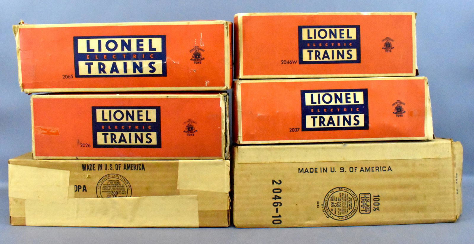 Group of Lionel postwar O steam locomotive and tender: Group of Lionel postwar O steam locomotive and tender original boxes only. Includes 2065, 2037, 2026,2045w, 2055 and 2046.