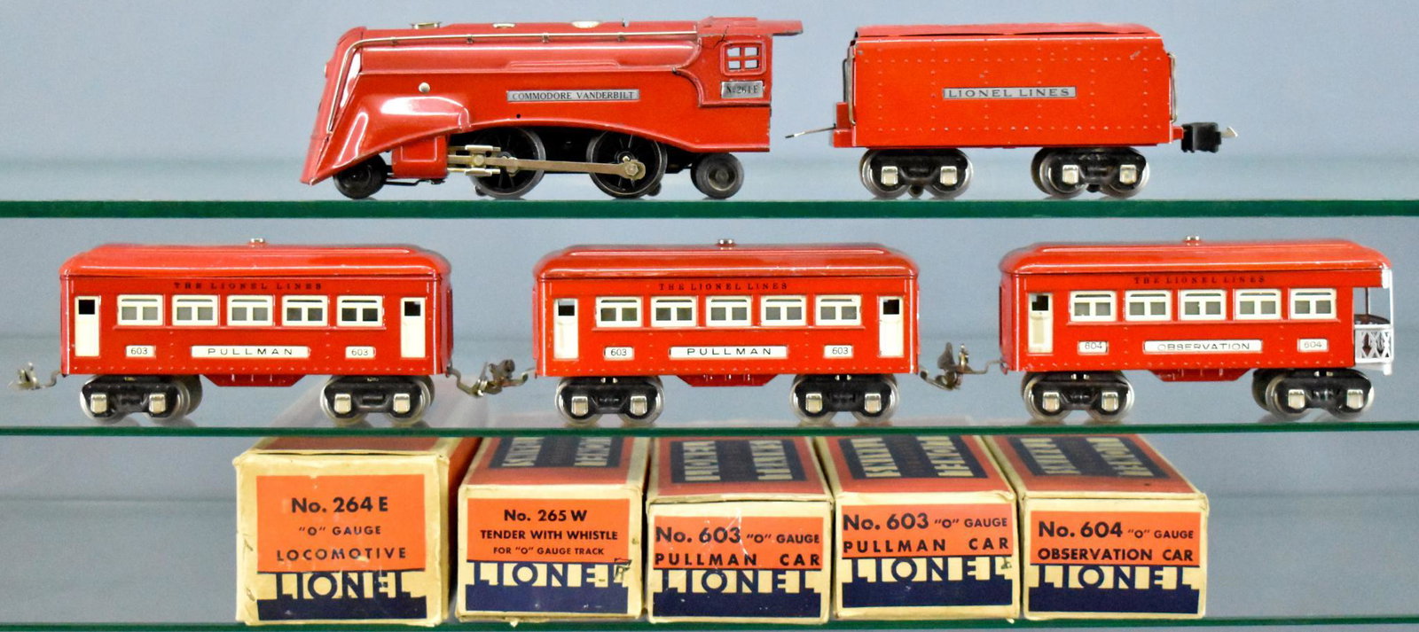 Lionel prewar O gauge Red Comet steam passenger set: Lionel prewar O gauge Red Comet steam passenger set with original boxes. Set consists of 264E Commodore Vanderbilt, cab casting shows fatigue but is still holding together after 20 years of ownership,