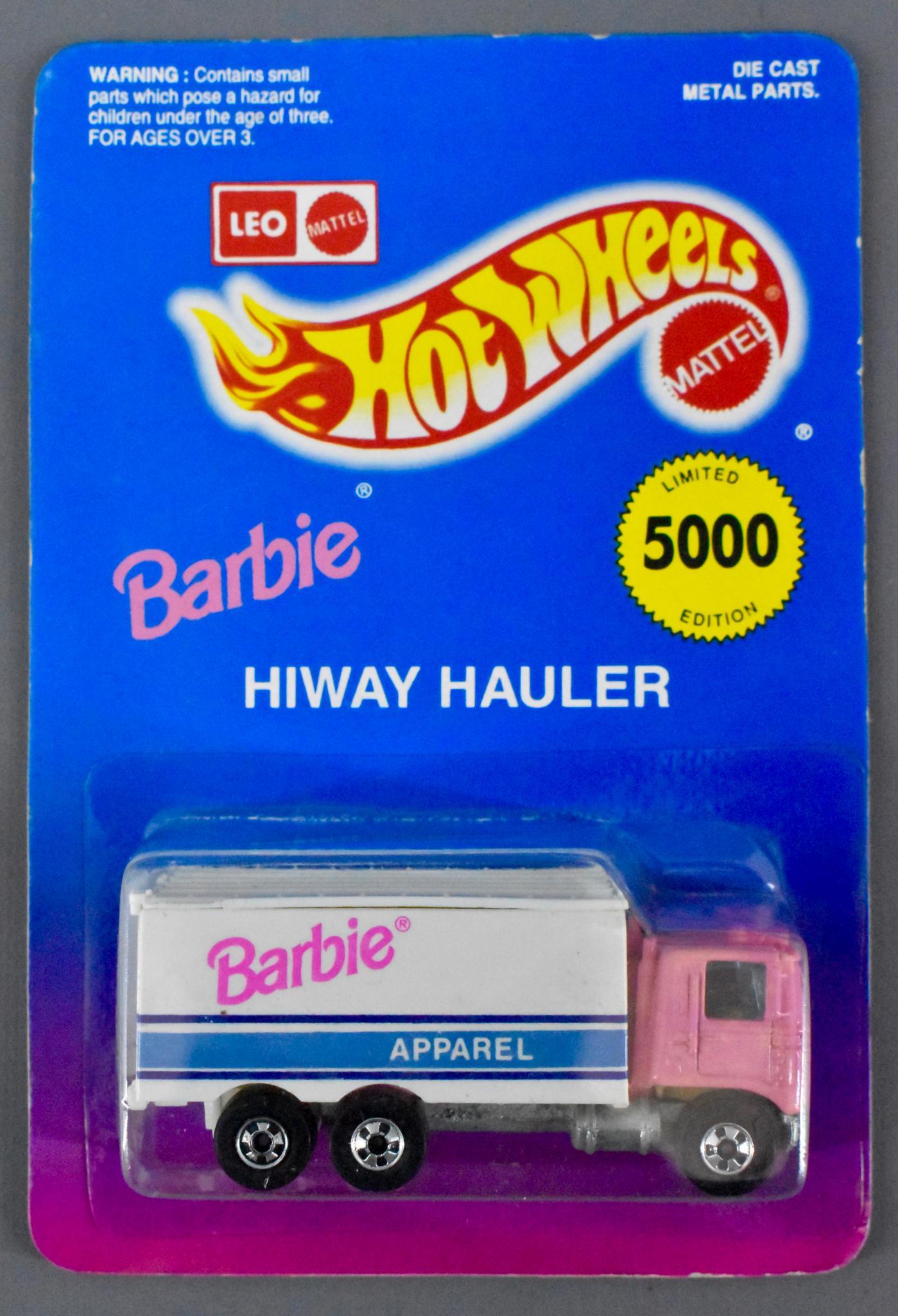 LEO Mattel Barbie Hiway Hauler on sealed blister card: LEO Mattel Barbie Hiway Hauler on sealed blister card, truck is mint but has some splotchy areas where the pink is darker than others. The blister is cracked on the bottom on each end but the truck ca