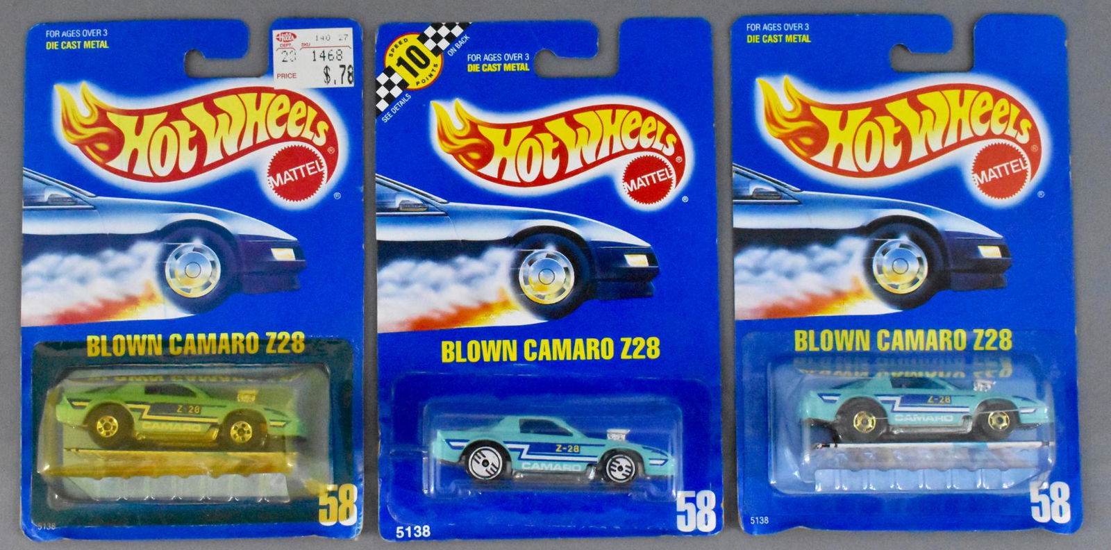 Three different Hot Wheels blue card 58 Blown Camaro (1 of 2)