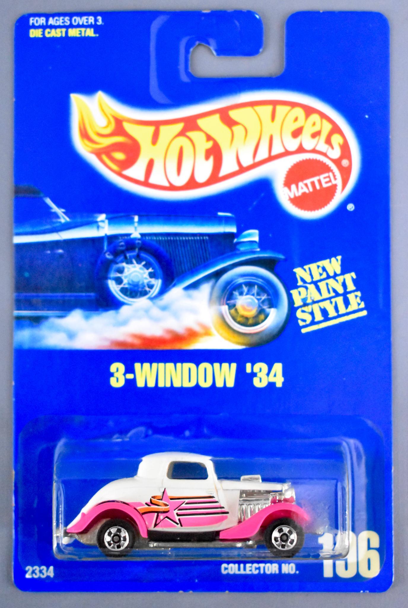 Blue Card Hot Wheels 196 3-window '34 with pink fenders (1 of 2)