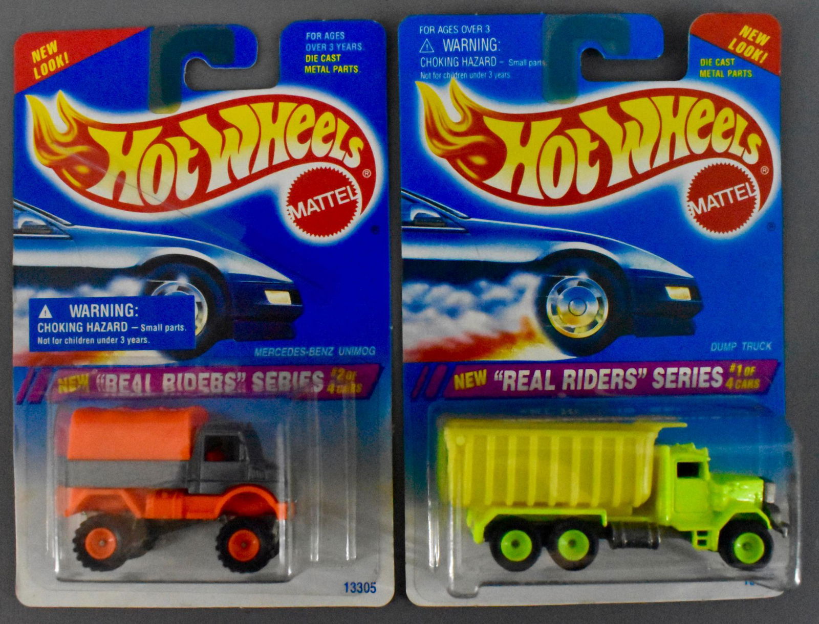 Hot Wheels Real Riders Series Dump truck and Unimog MOC: Hot Wheels Real Riders Series Dump truck and Unimog, mint on sealed blister cards. Just half of the series.