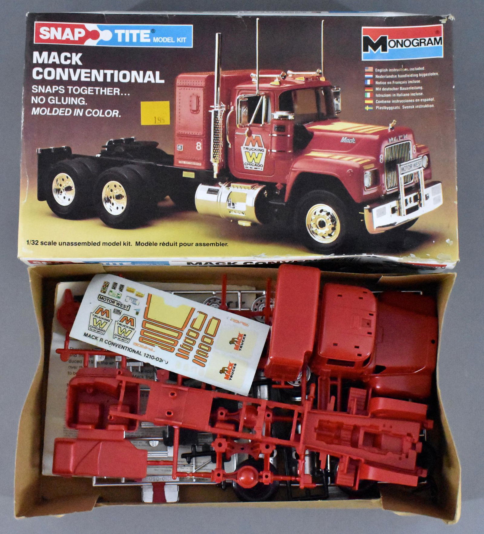 Monogram 1/32 scale Mack Conventional model kit in: Monogram 1/32 scale Mack Conventional model kit in original box SNAP TITE, the decal sheet has some bug damage but the parts look fine. Kit has not been inventoried but appears to be complete.