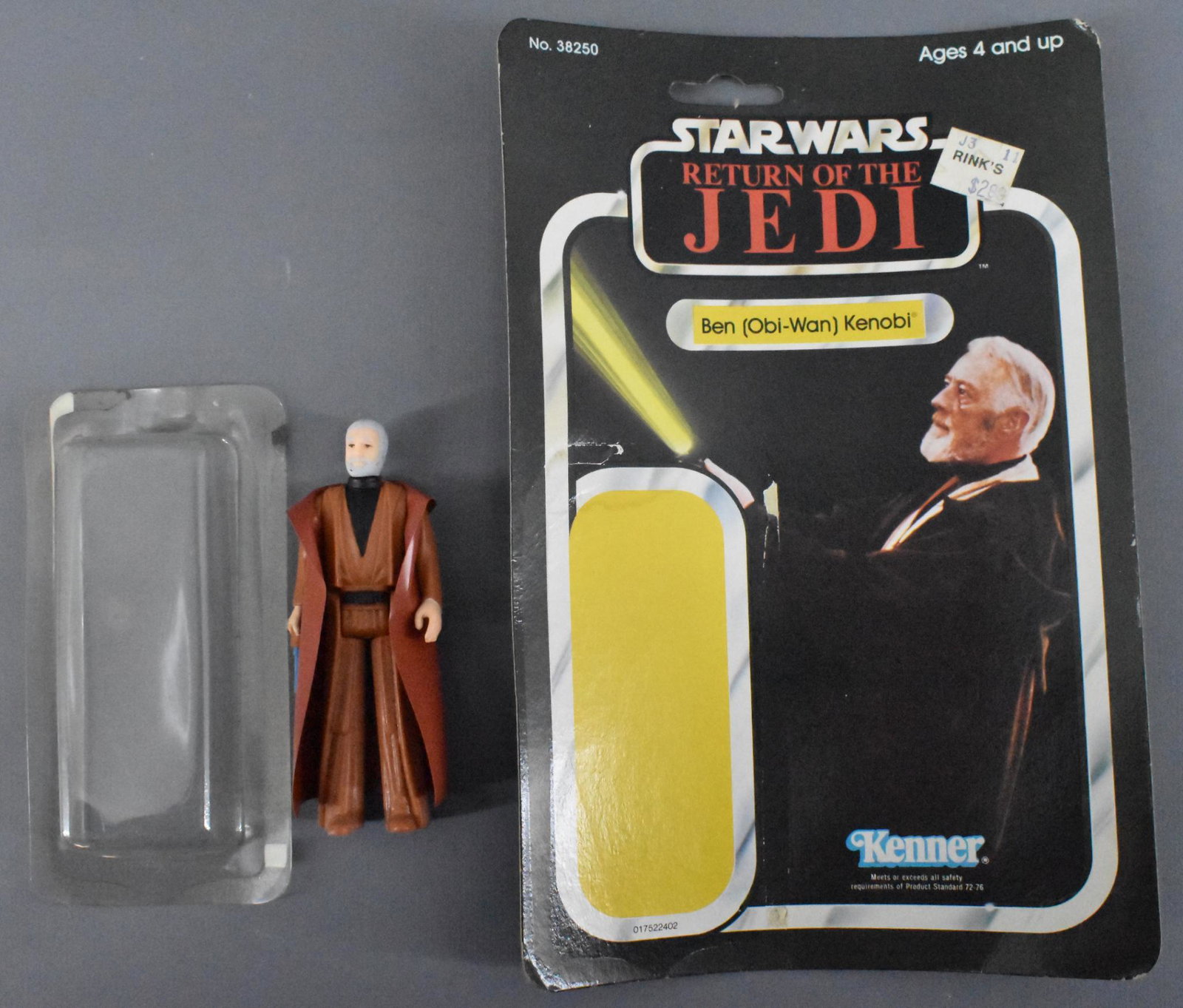 Star Wars ROTJ Ben Obi wan Kenobi action figure with: Star Wars ROTJ Ben Obi wan Kenobi action figure with blister card 65 back. Blister has come loose but the figure is mint and the card has some curling and minor creasing. Sold as-is as seen in the pho