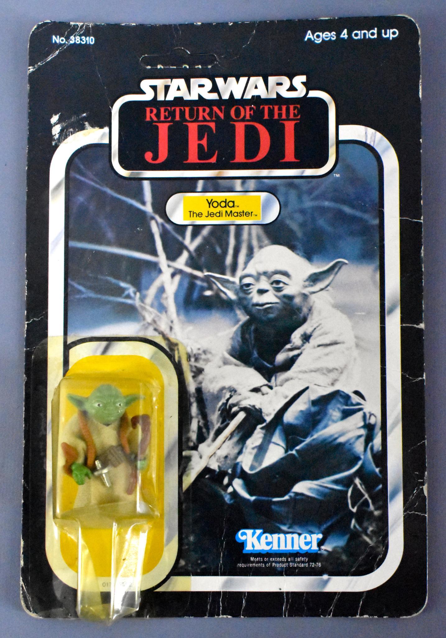 Star Wars ROTJ Yoda action figure MOC 65 back BROWN: Star Wars ROTJ Yoda action figure MOC 65 back with brown snake and Pac Man eyes. Card is unpunched but has many creases and the blister is squashed as well. Sold as-is as seen in the photos with no re